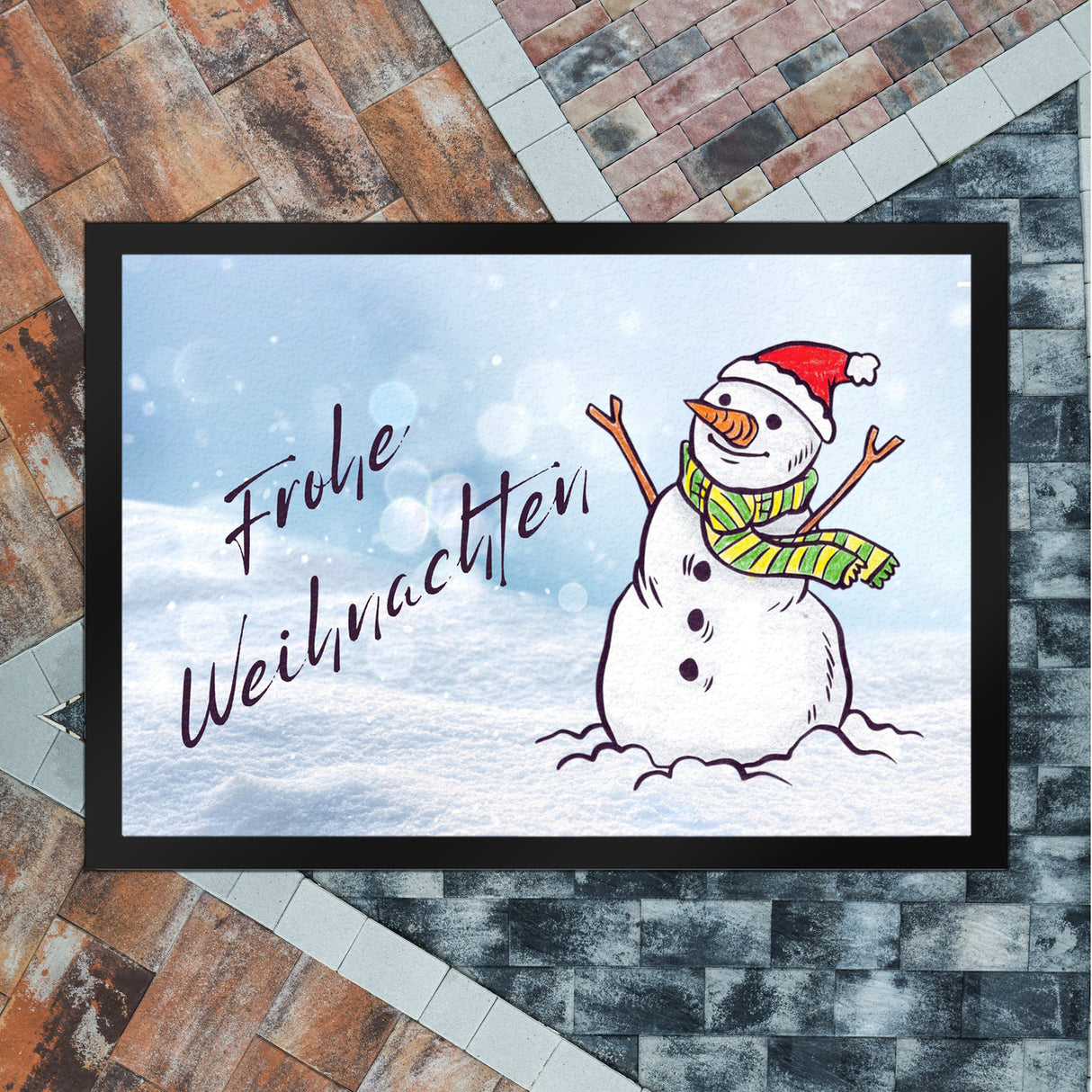 Schneemann mit Mütze Fußmatte in 35x50 cm mit Spruch Frohe Weihnachten