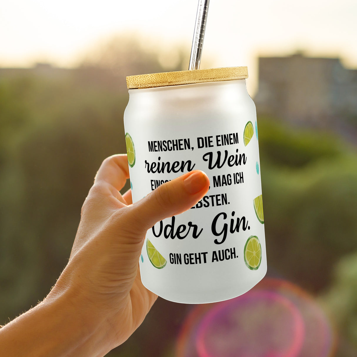 Limetten Trinkglas mit Bambusdeckel mit Spruch reinen Wein oder Gin