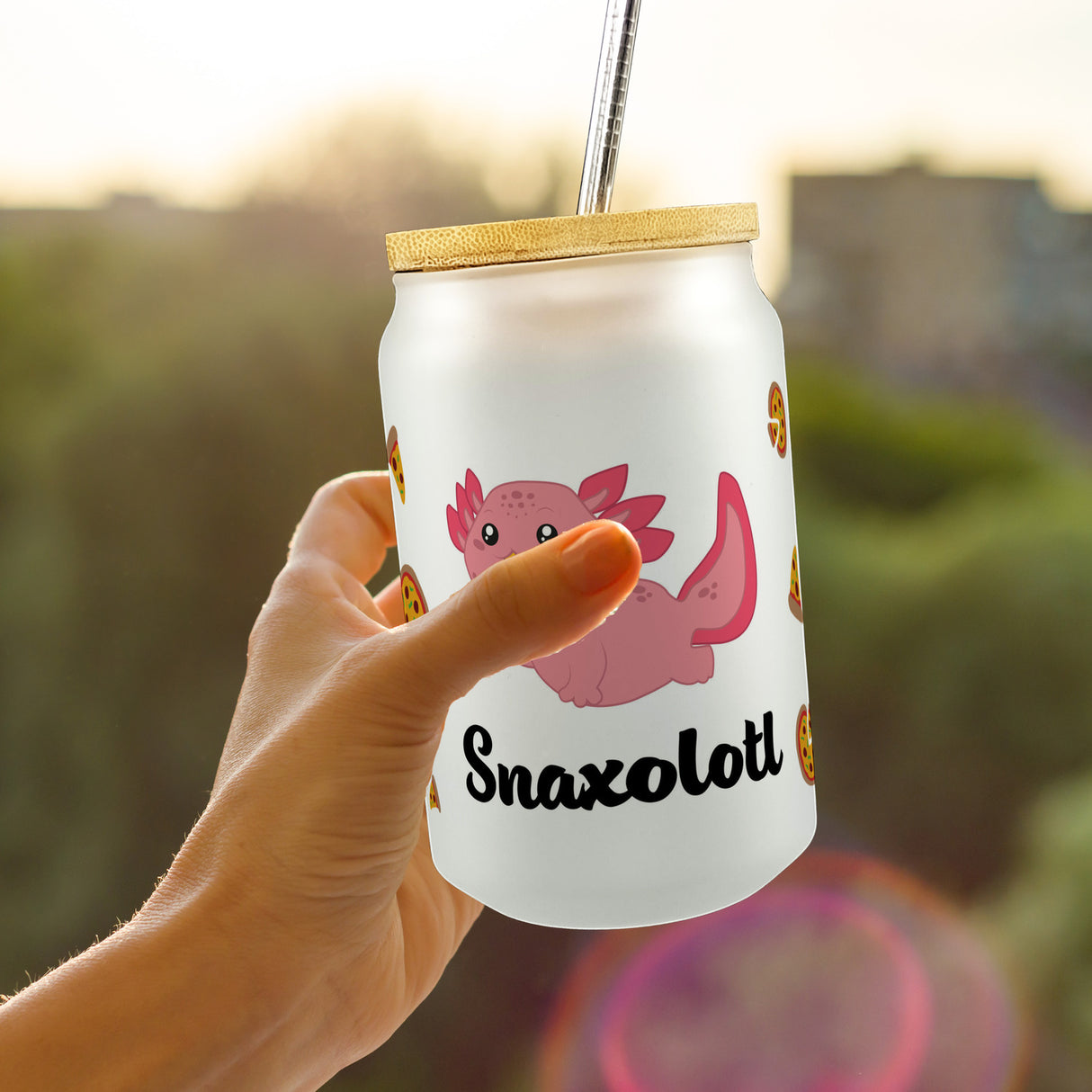 Axolotl Trinkglas mit Bambusdeckel mit Spruch Snaxolotl