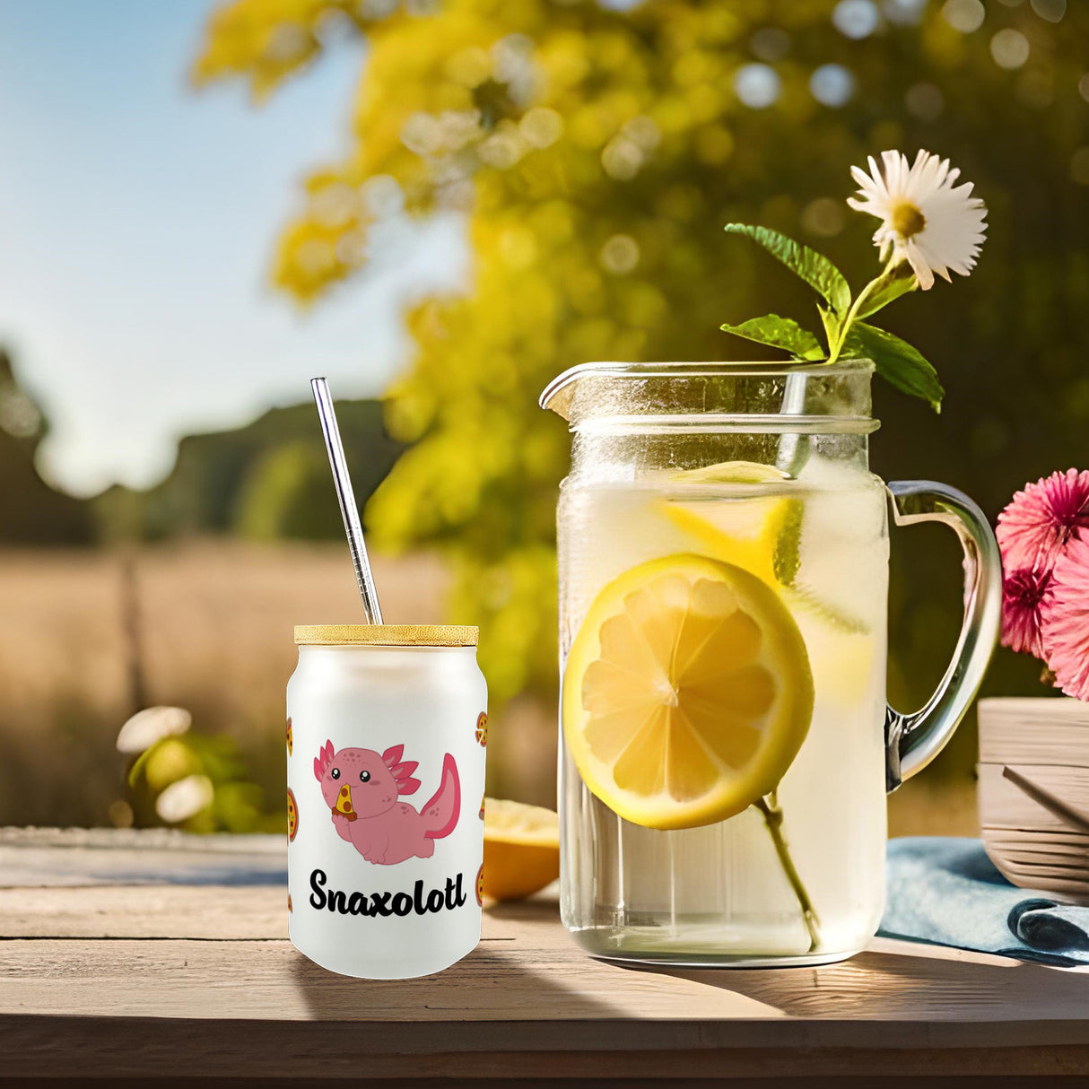 Axolotl Trinkglas mit Bambusdeckel mit Spruch Snaxolotl