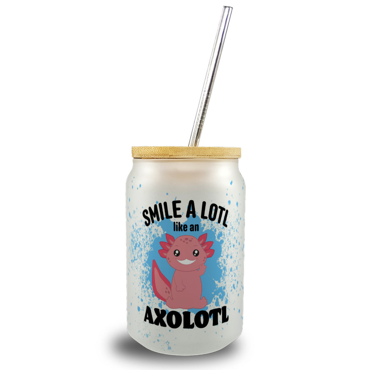 Axolotl Trinkglas mit Bambusdeckel mit Spruch Smile a lotl like an Axolotl