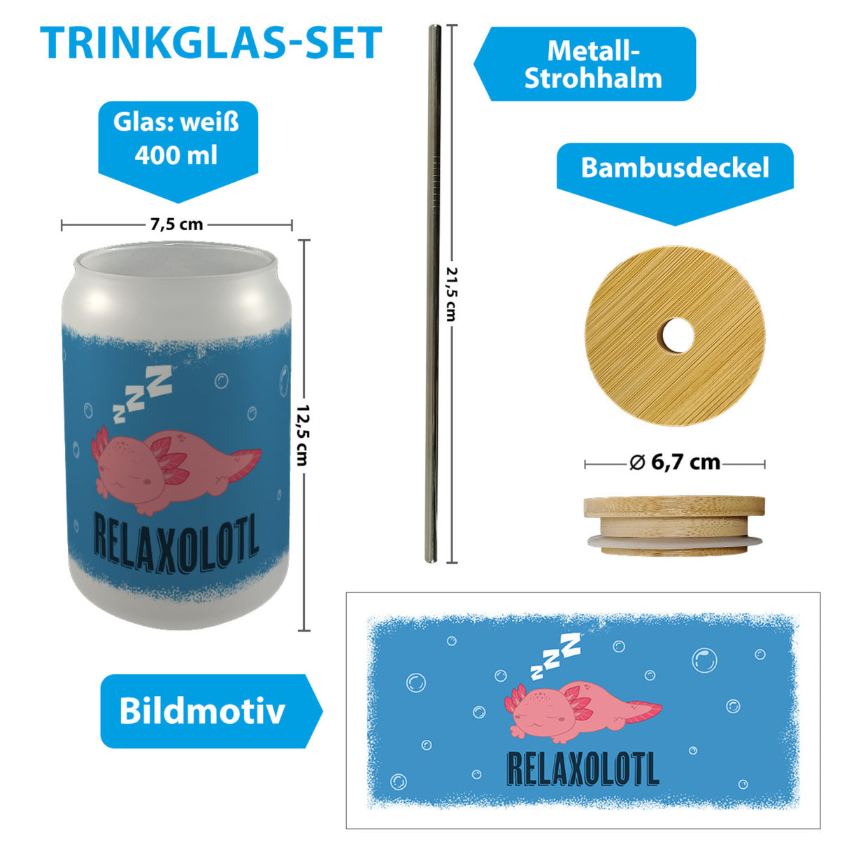 Relaxolotl Trinkglas mit Bambusdeckel mit schlafenden Axolotl