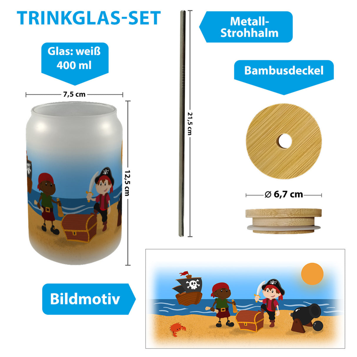 Kleine Piraten Trinkglas mit Bambusdeckel