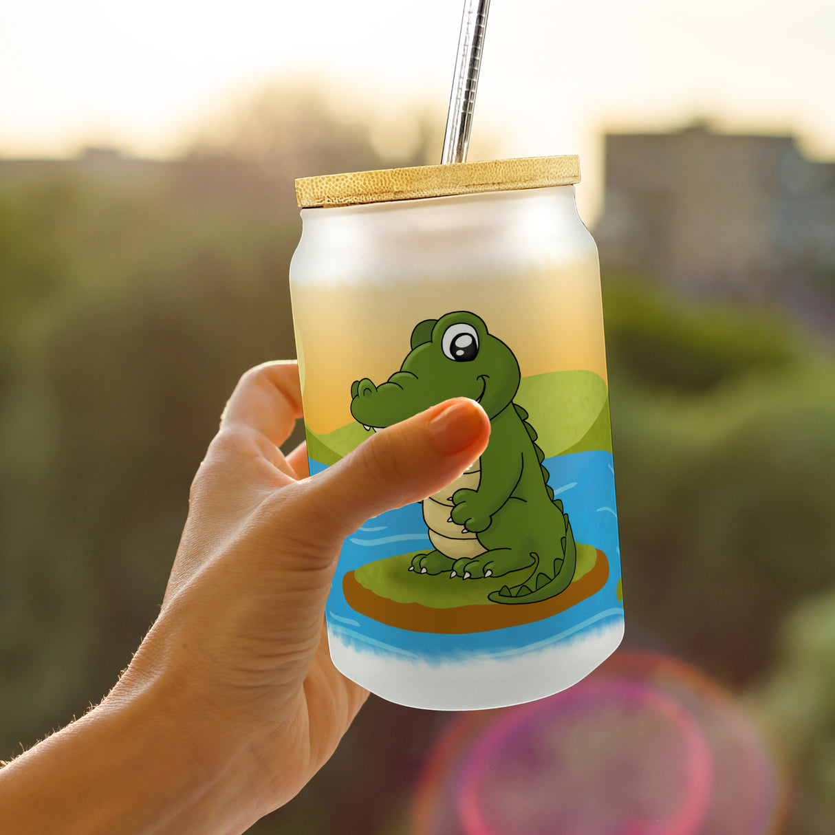 Krokodil Trinkglas mit Bambusdeckel
