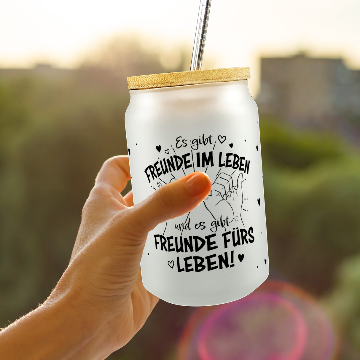Freunde fürs Leben Trinkglas mit Bambusdeckel mit Spruch