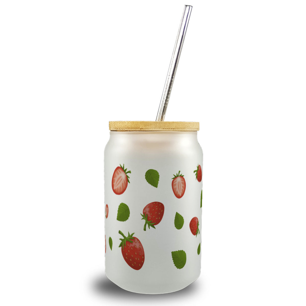 Erdbeeren Trinkglas mit Bambusdeckel