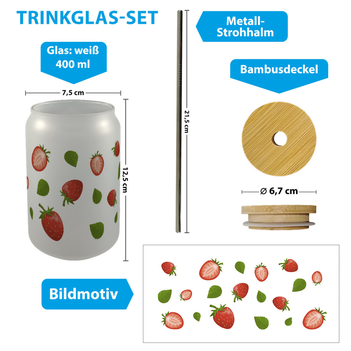 Erdbeeren Trinkglas mit Bambusdeckel