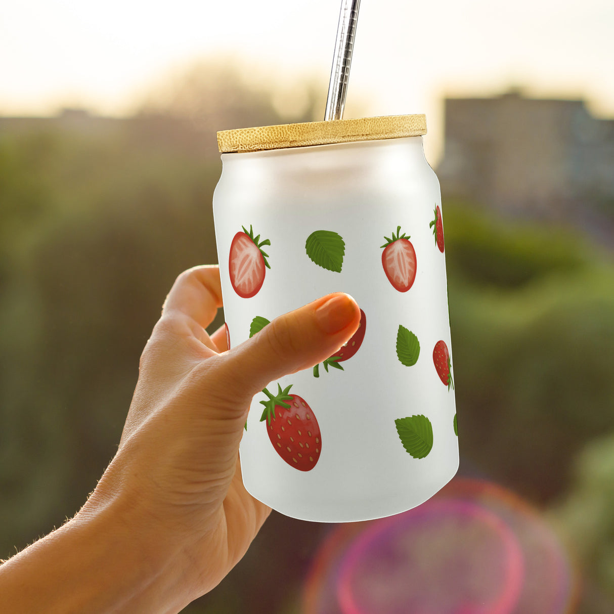 Erdbeeren Trinkglas mit Bambusdeckel