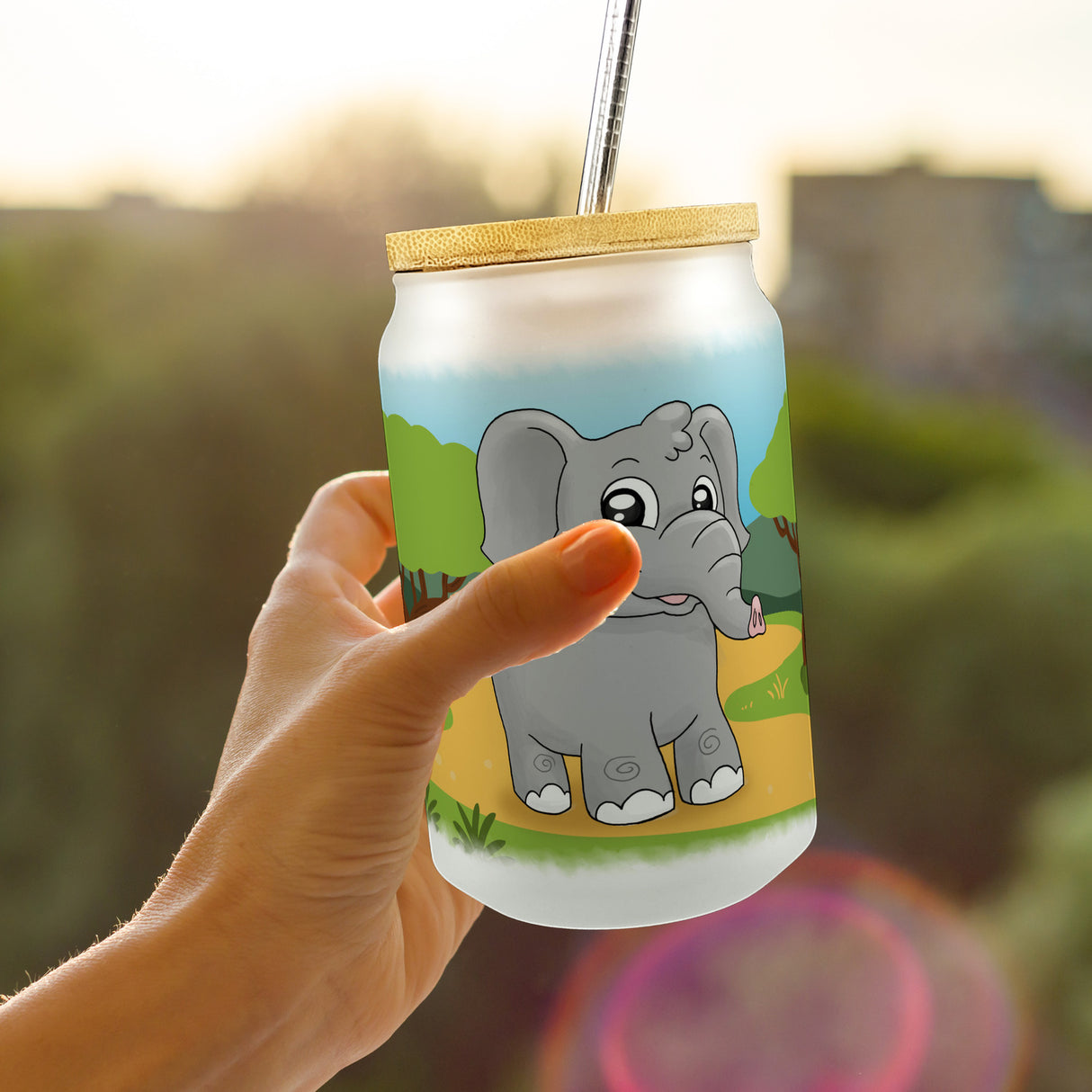 Elefant Trinkglas mit Bambusdeckel