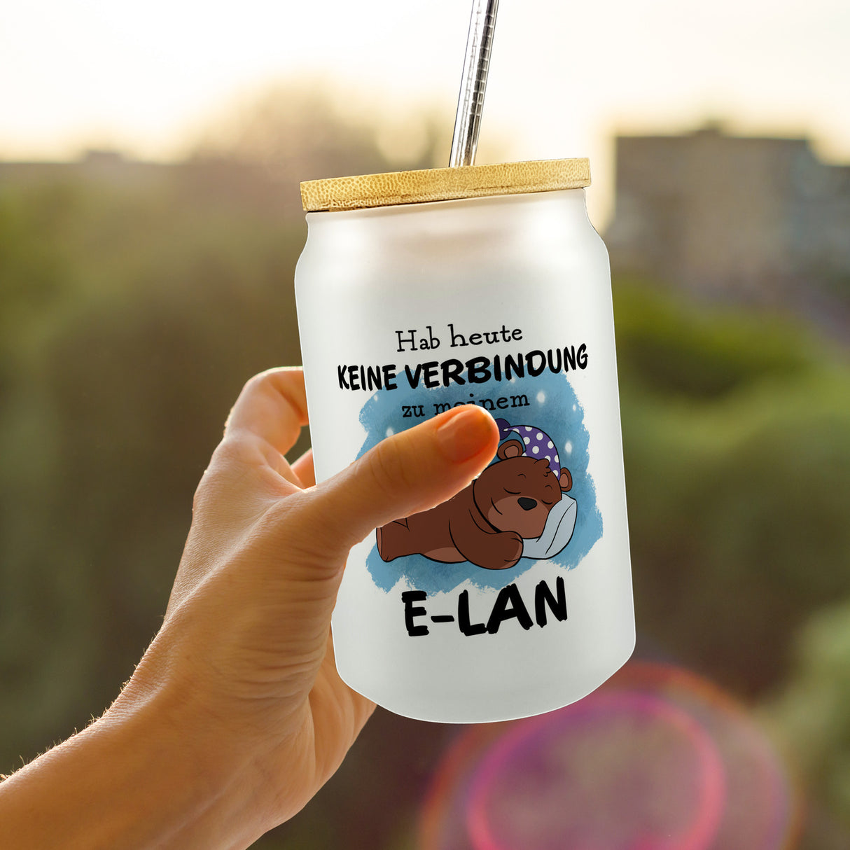 Teddybär Trinkglas mit Bambusdeckel mit Spruch Keine Verbindung zum E-Lan