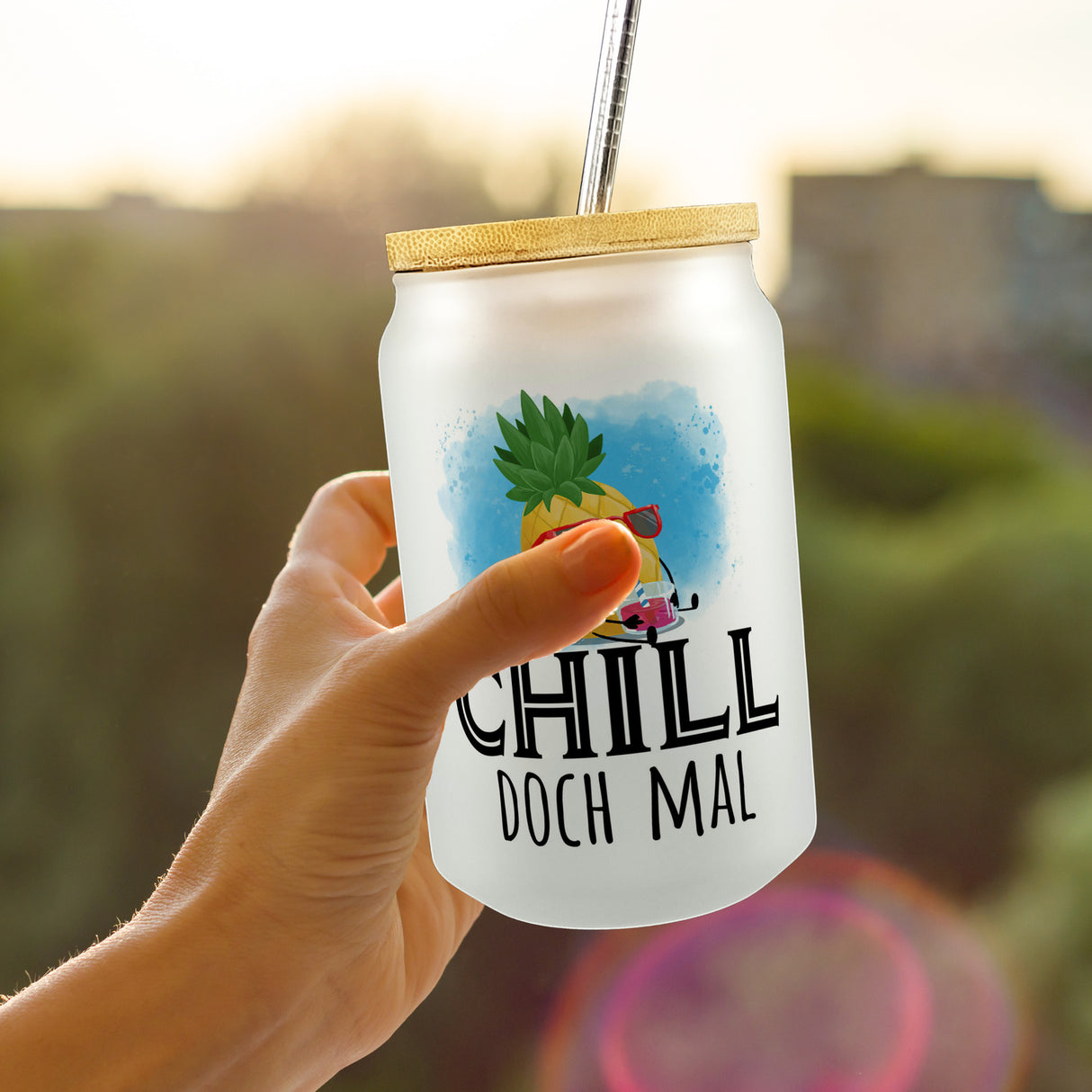 Ananas Trinkglas mit Bambusdeckel mit Spruch Chill doch mal