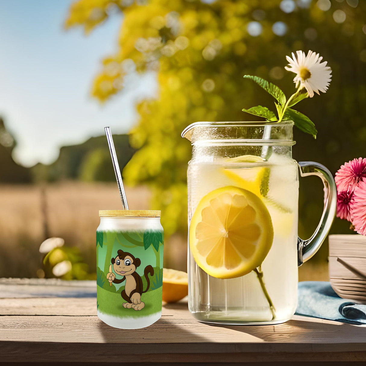 Affe im Dschungel Trinkglas mit Bambusdeckel