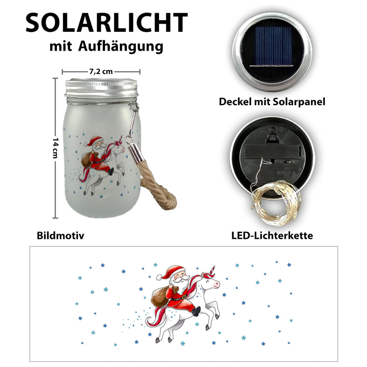 Weihnachtsmann auf Einhorn Solarlicht