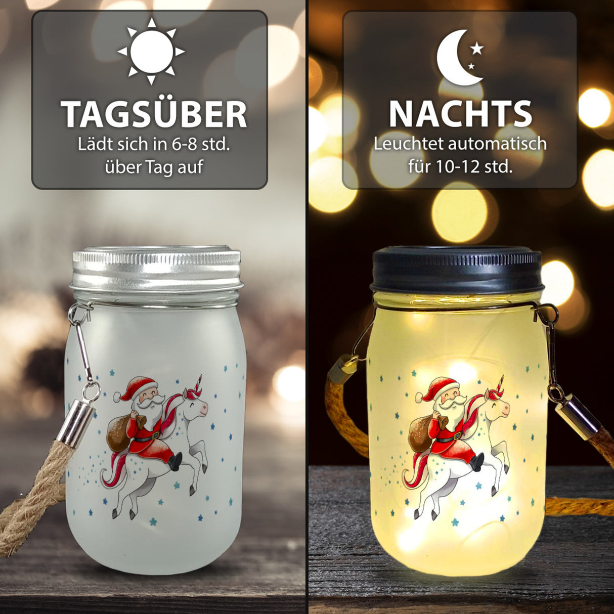 Weihnachtsmann auf Einhorn Solarlicht