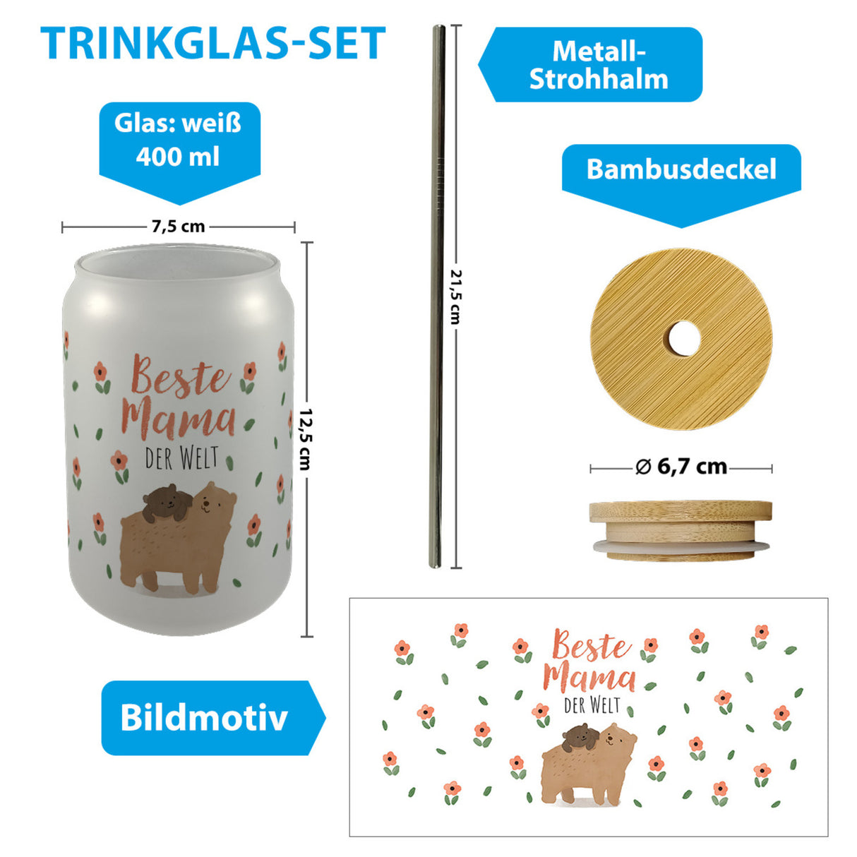 Bären-Mutter mit Kind Trinkglas mit Bambusdeckel mit Spruch Beste Mama der Welt