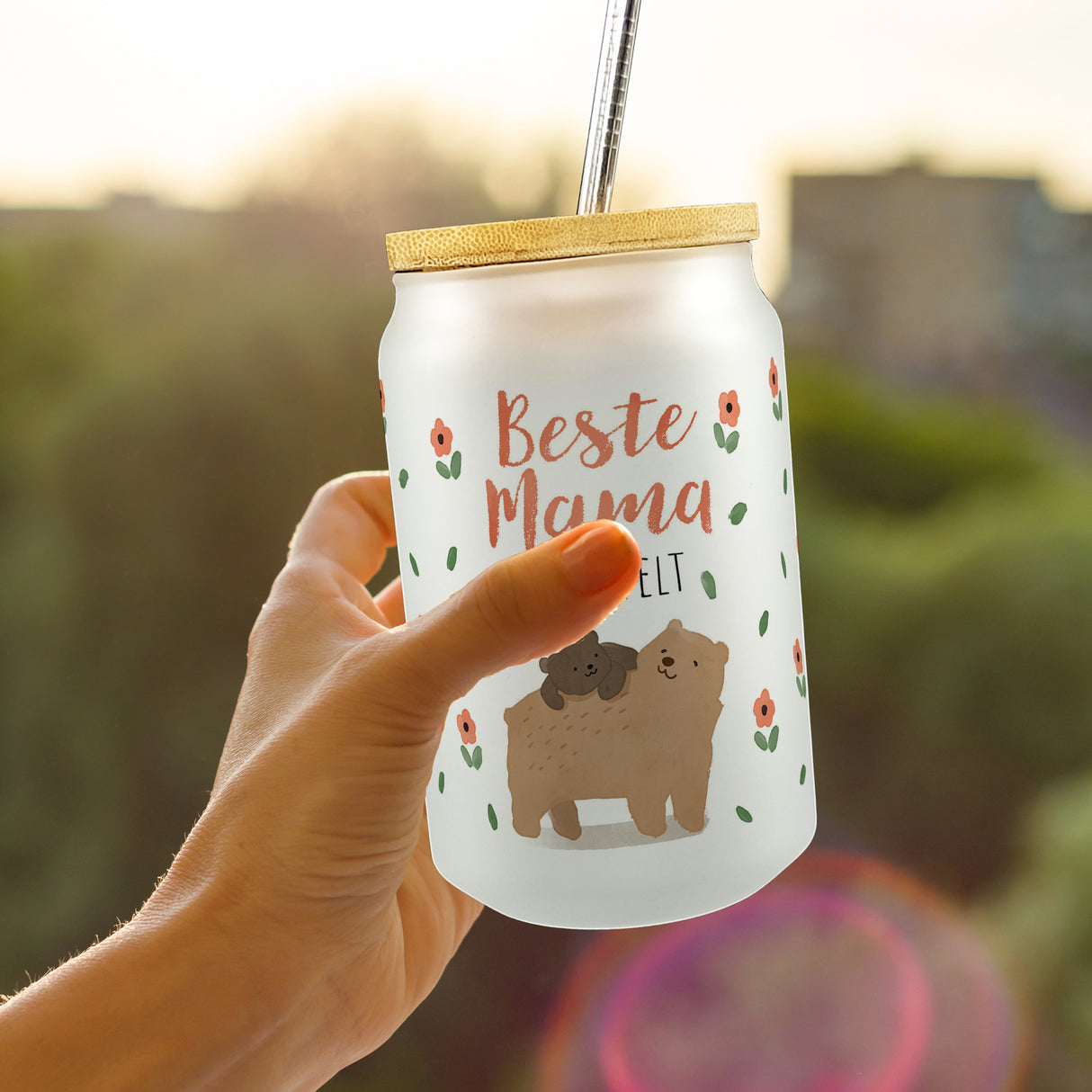 Bären-Mutter mit Kind Trinkglas mit Bambusdeckel mit Spruch Beste Mama der Welt