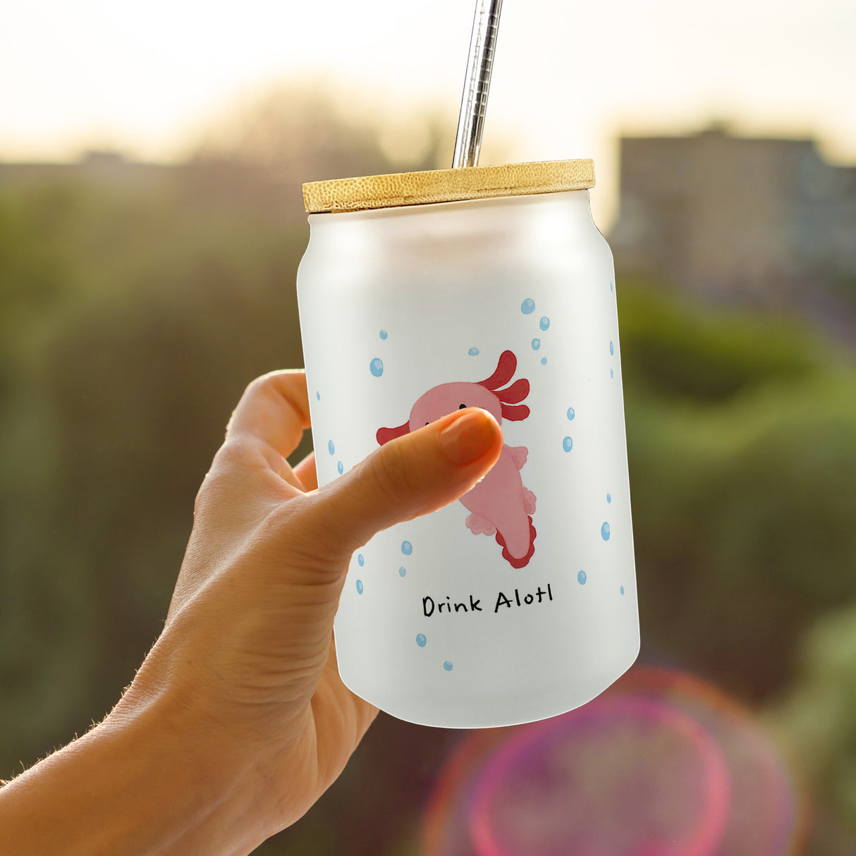 Axolotl Trinkglas mit Bambusdeckel mit Spruch Drink Alotl