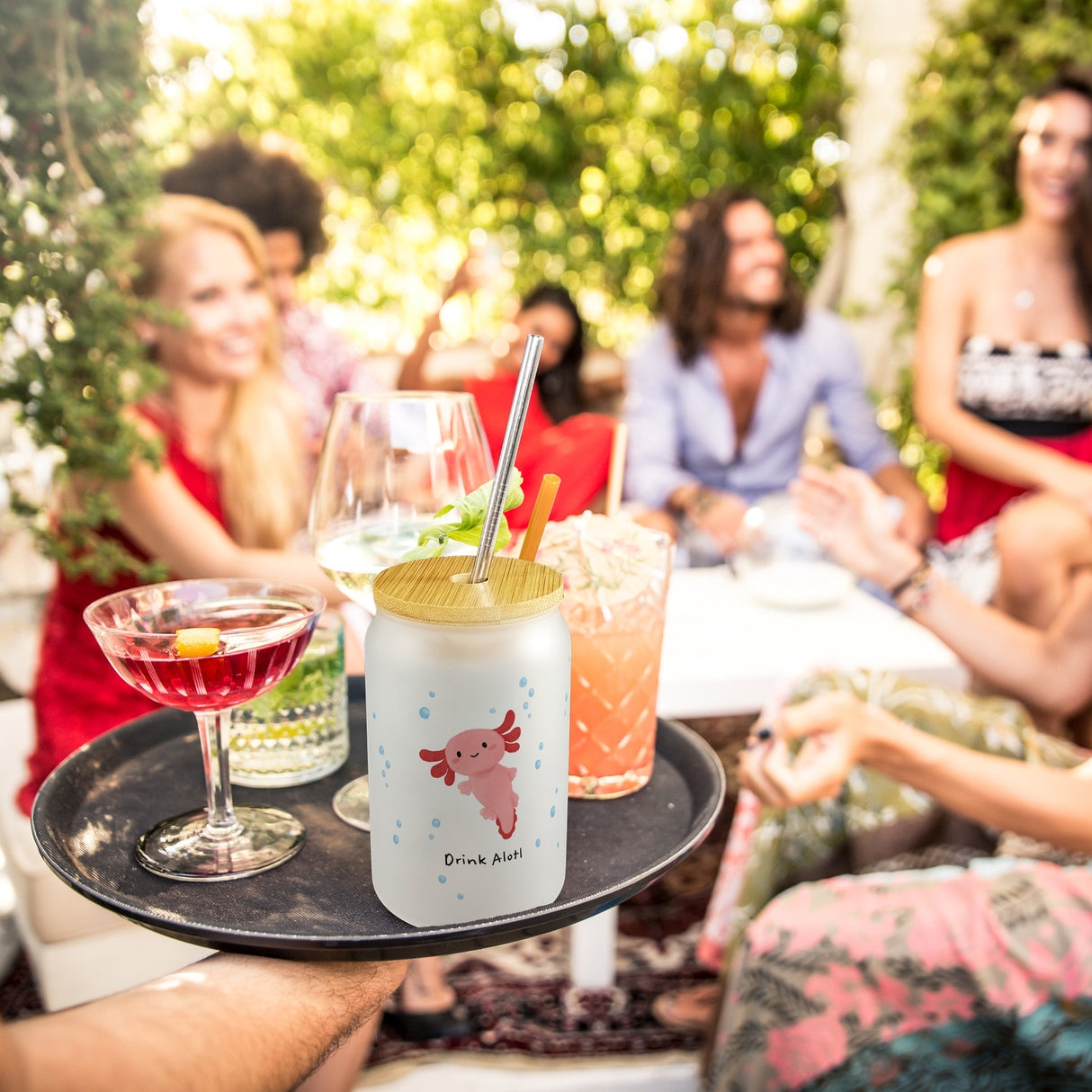 Axolotl Trinkglas mit Bambusdeckel mit Spruch Drink Alotl
