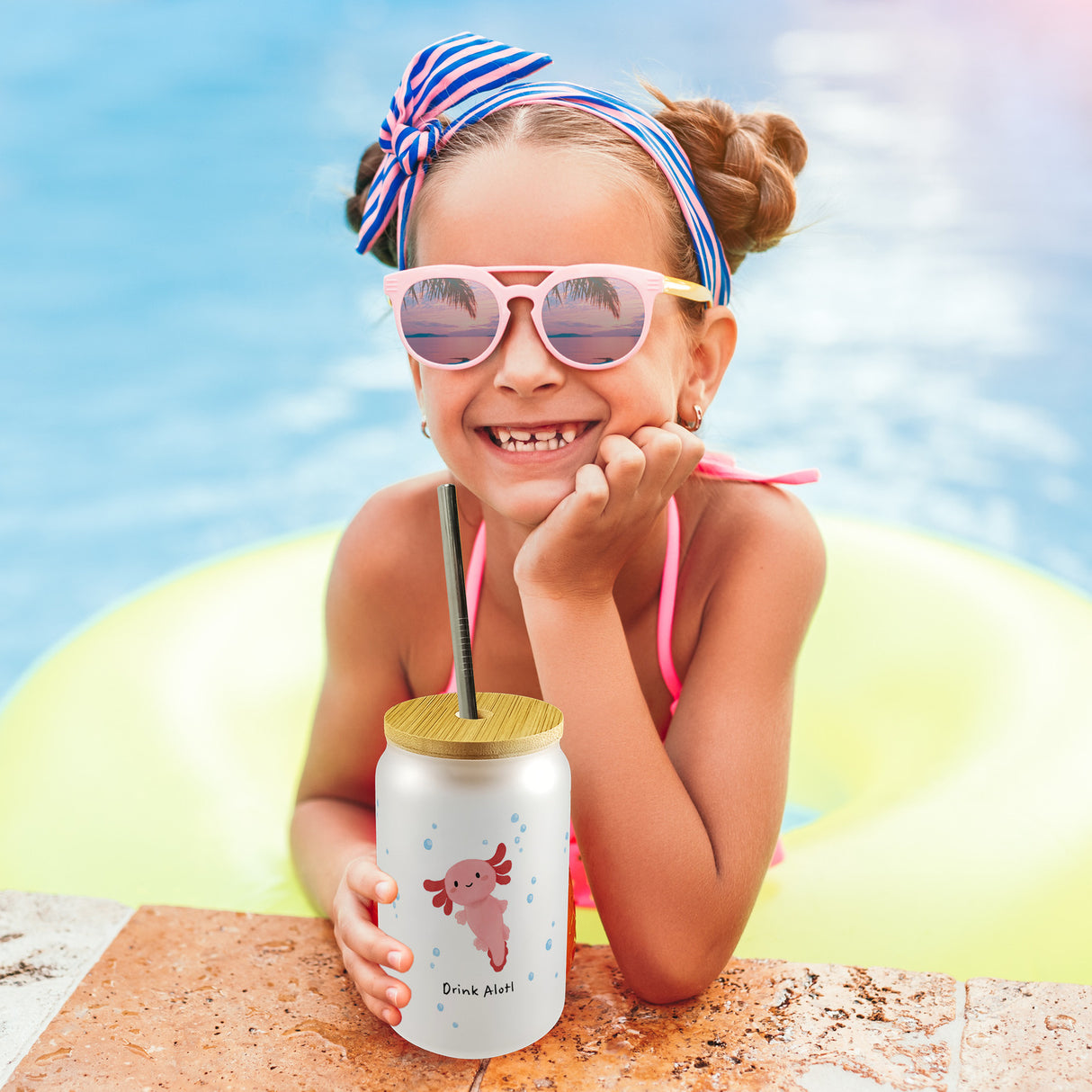 Axolotl Trinkglas mit Bambusdeckel mit Spruch Drink Alotl