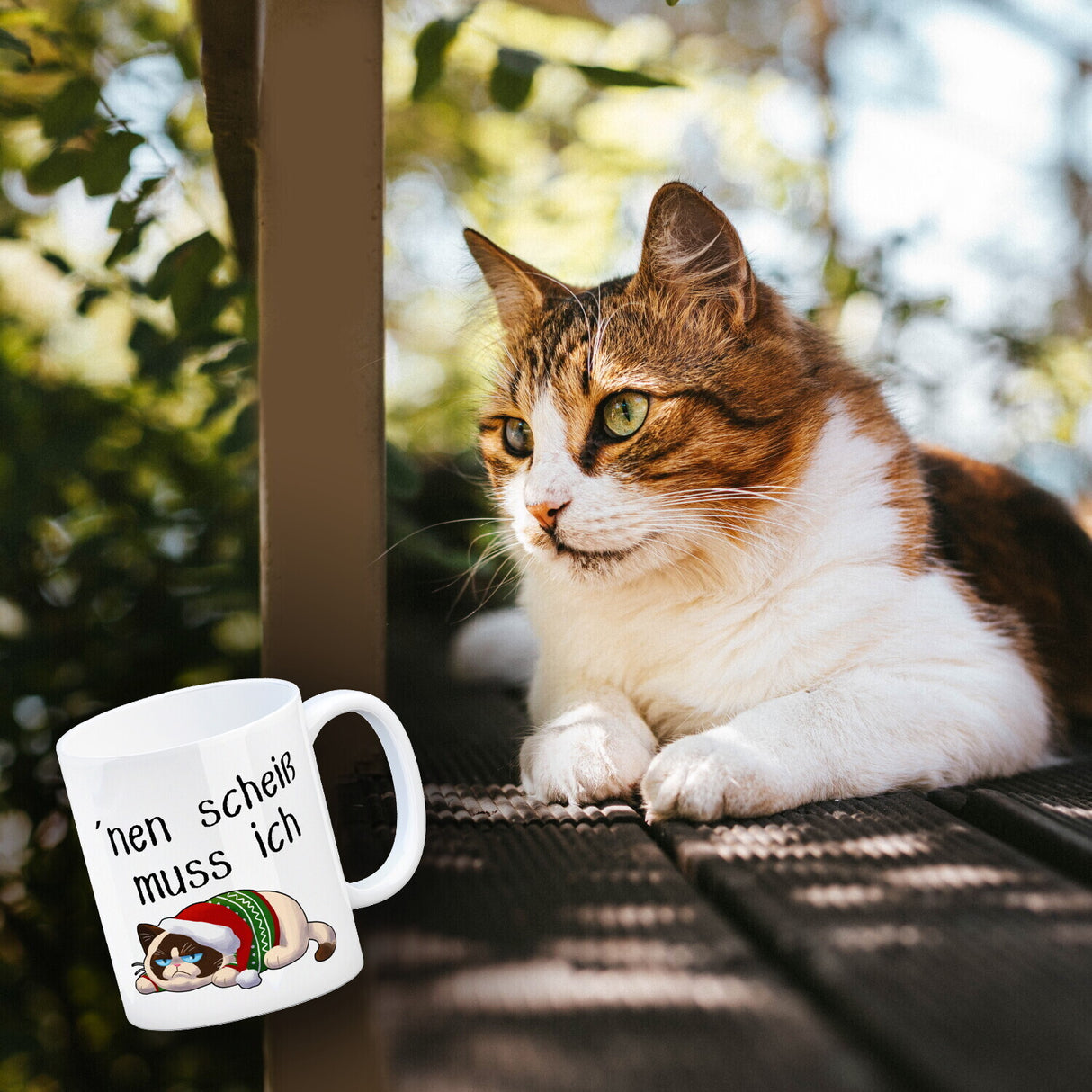 Genervter Kater Kaffeebecher mit Spruch nen scheiß muss ich