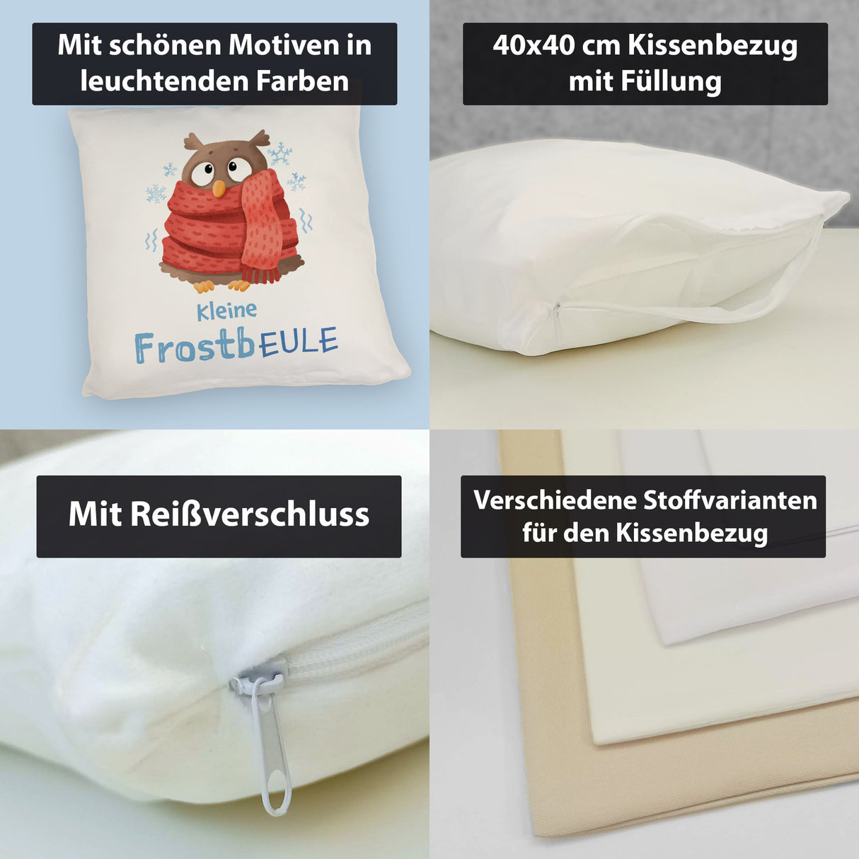 Kleine Frostbeule Kissen mit Spruch niedlicher Eule