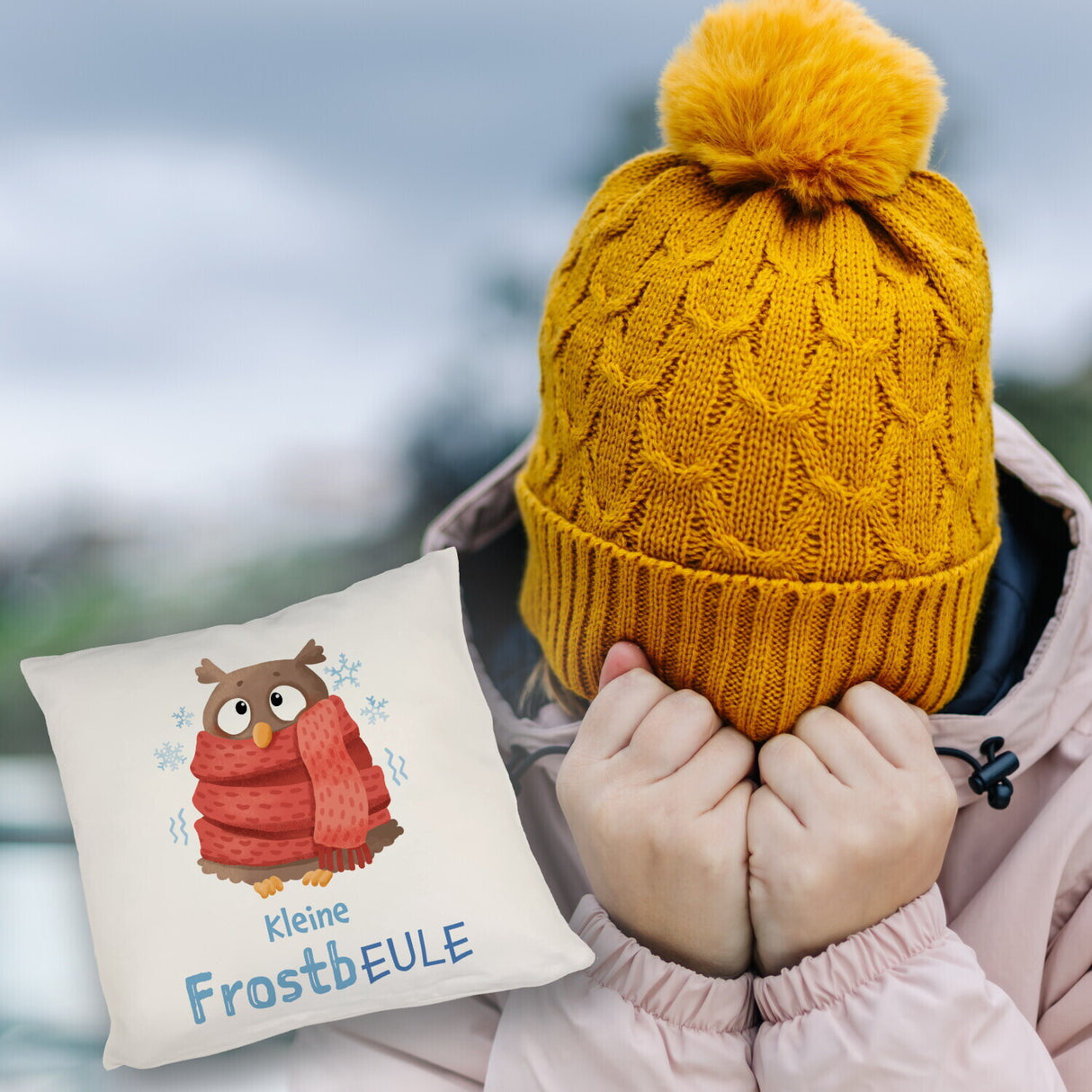 Kleine Frostbeule Kissen mit Spruch niedlicher Eule