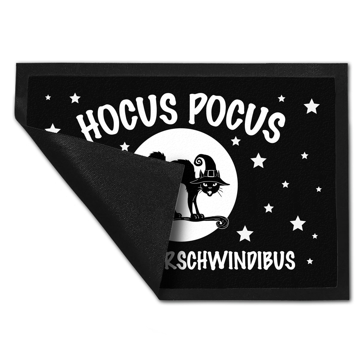 Schwarze Katze mit Zauberspruch Fußmatte - Hocus Pocus Verschwindibus