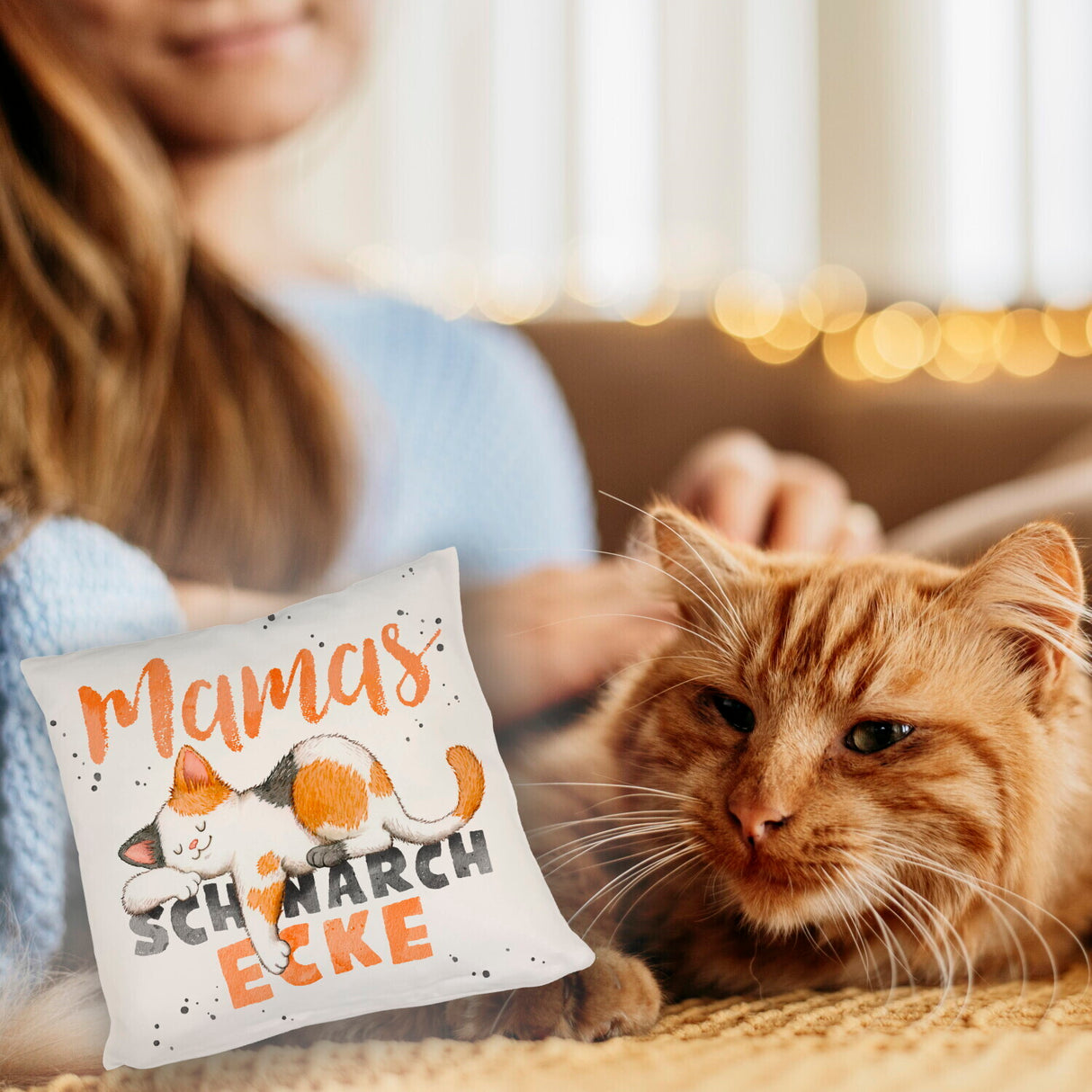Orange Katze Kissen mit Spruch Mamas Schnarchecke