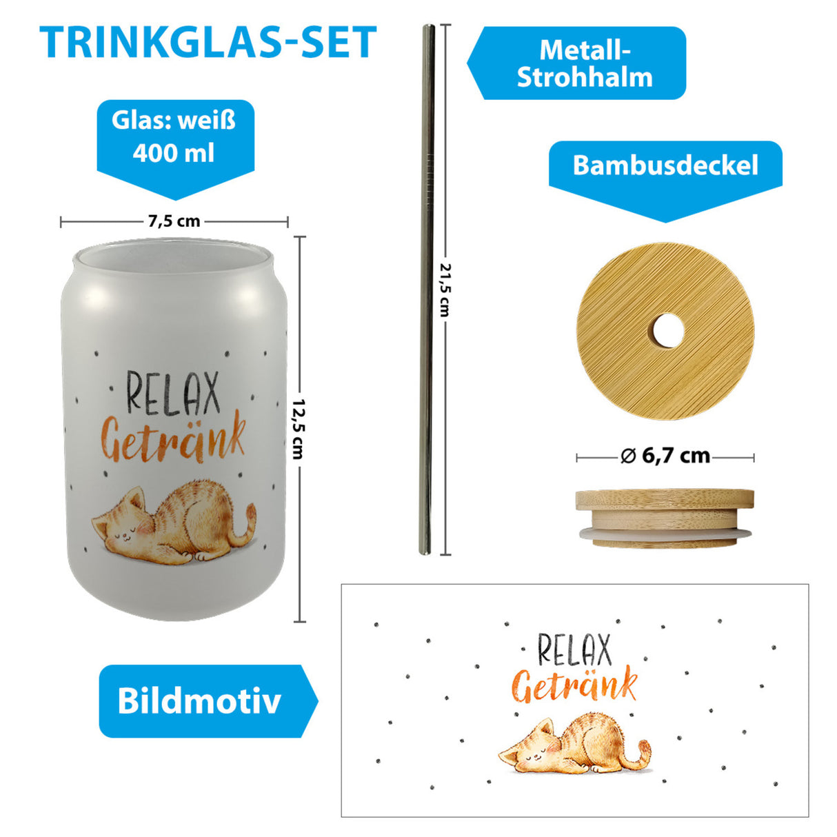 Relax Getränk Trinkglas mit Bambusdeckel mit niedlicher Katze