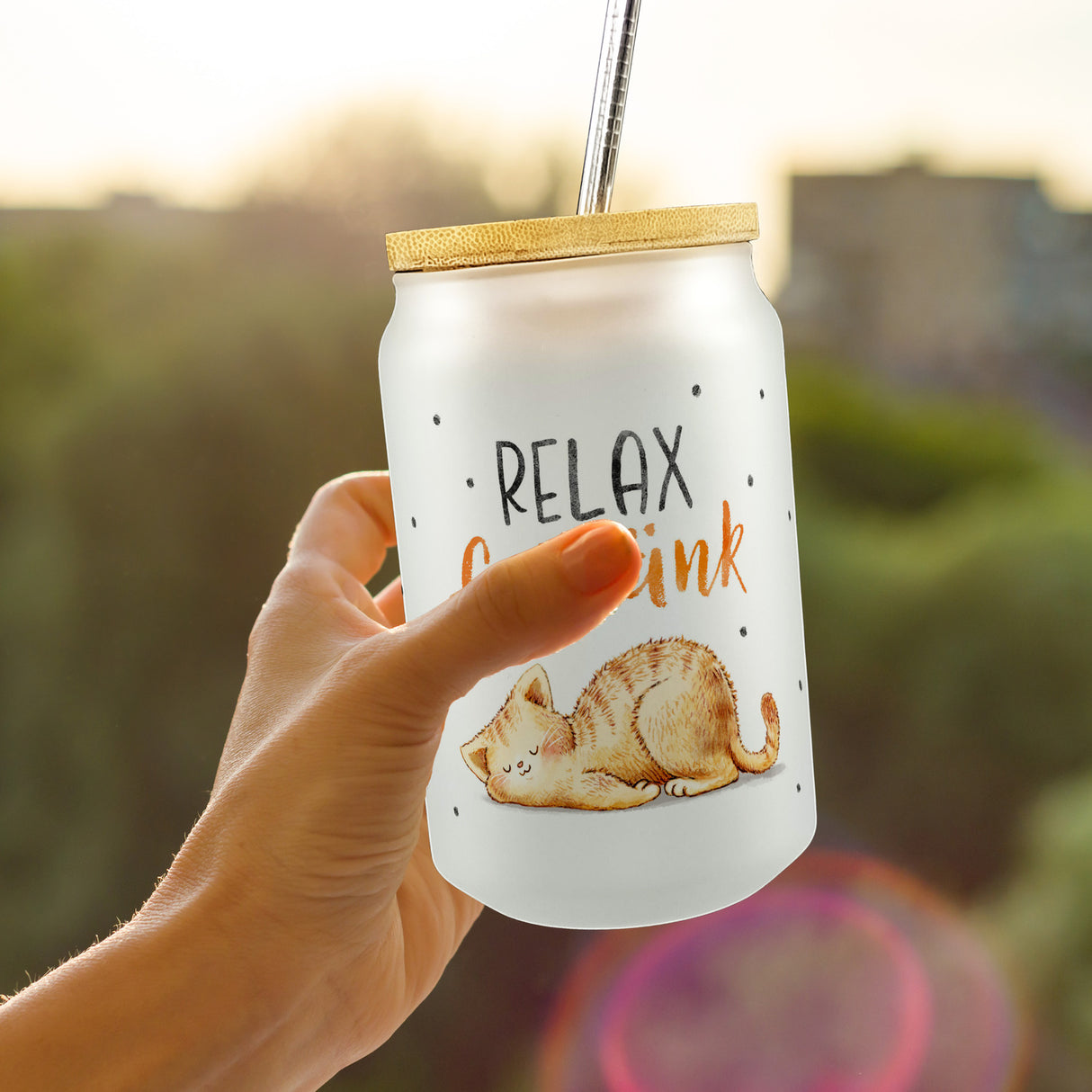 Relax Getränk Trinkglas mit Bambusdeckel mit niedlicher Katze