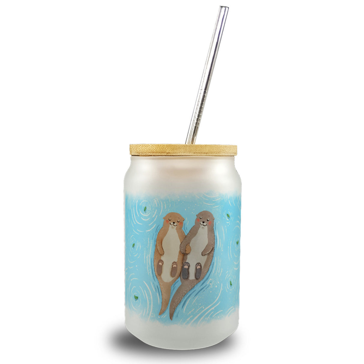 Otter Paar Trinkglas mit Bambusdeckel im Aquarell-Stil
