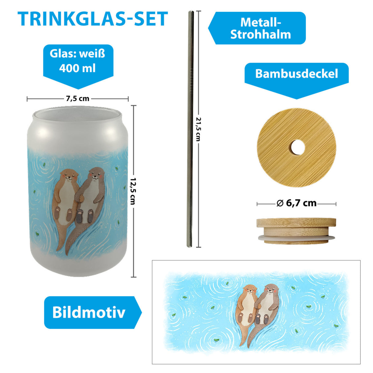 Otter Paar Trinkglas mit Bambusdeckel im Aquarell-Stil