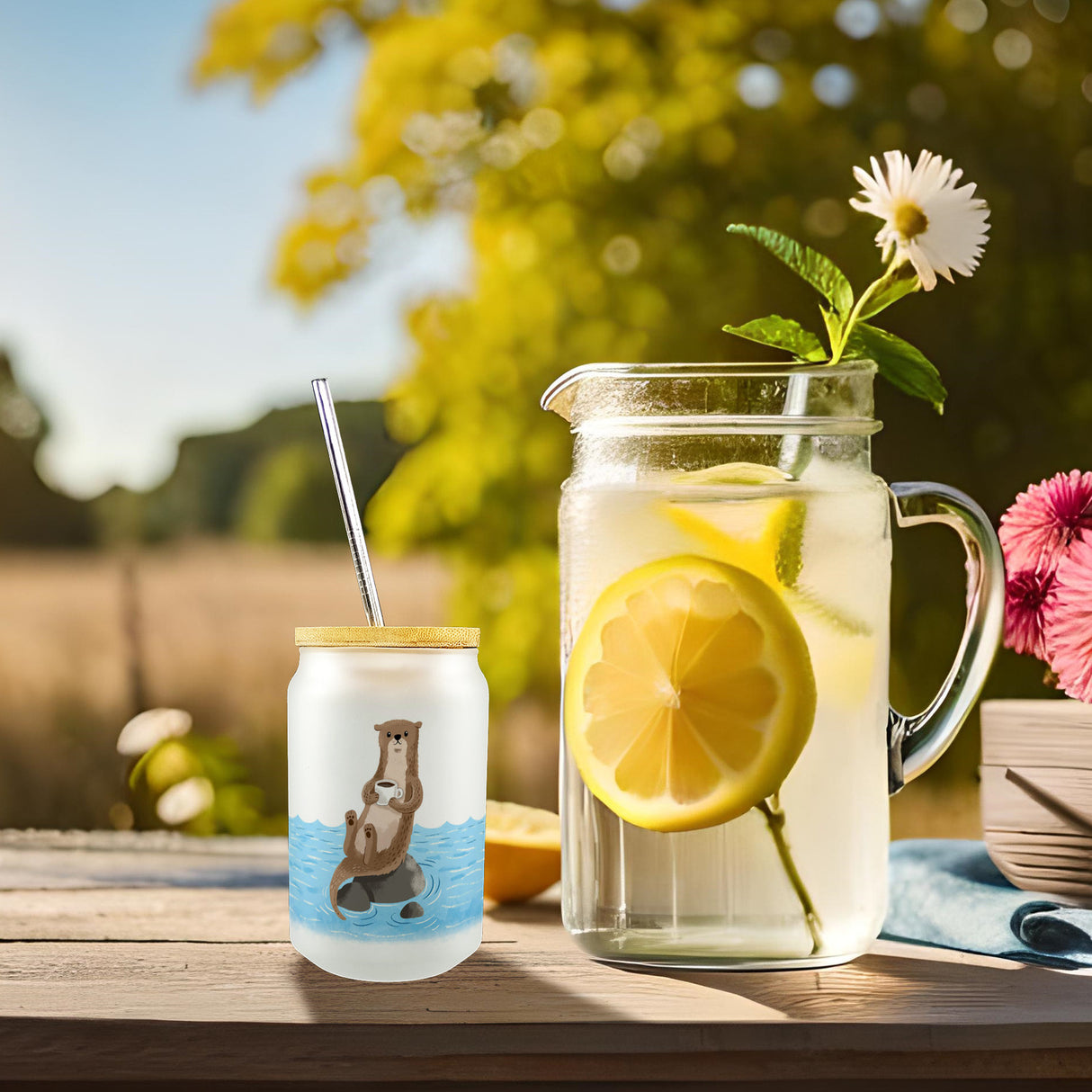Otter mit Kaffeetasse Trinkglas mit Bambusdeckel im Aquarell-Stil