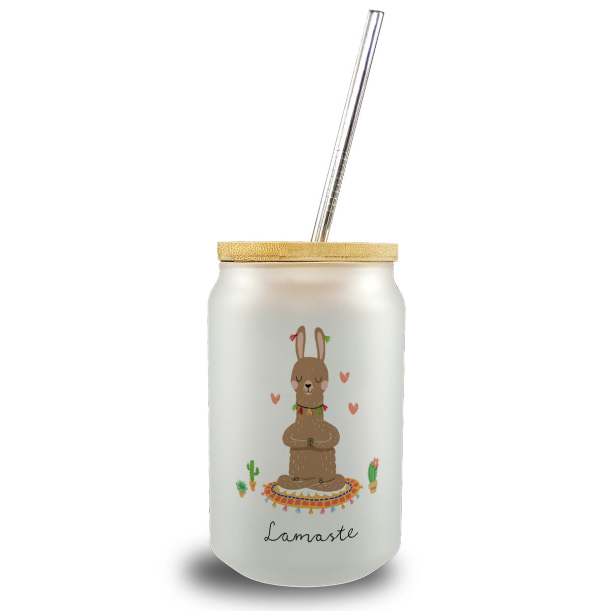 Lama Trinkglas mit Bambusdeckel mit Spruch Lamaste