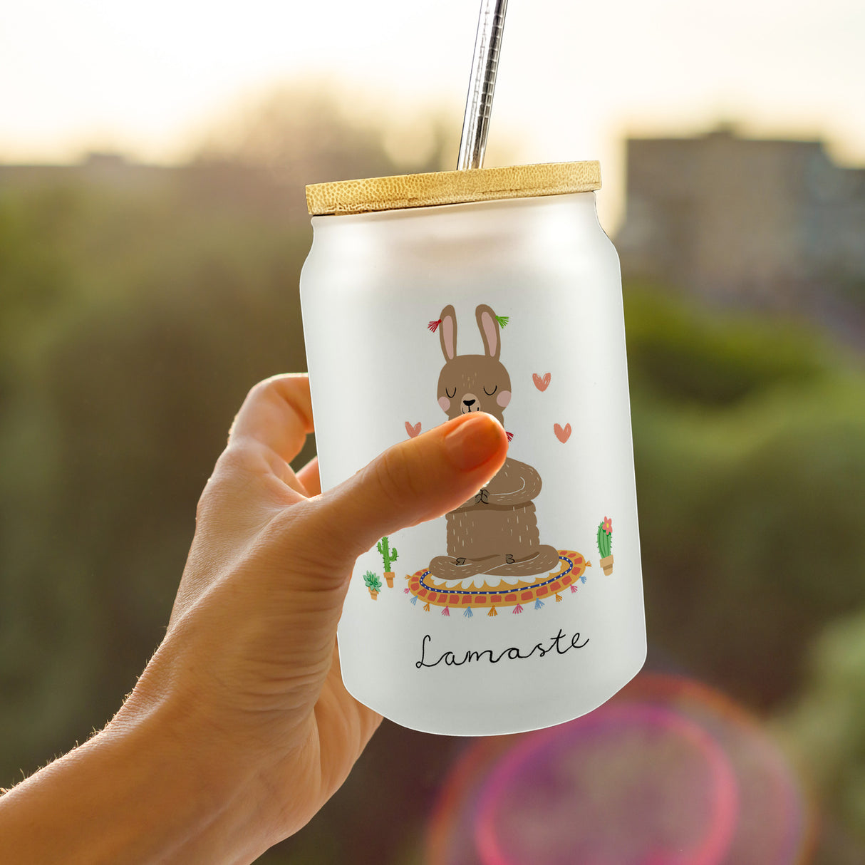 Lama Trinkglas mit Bambusdeckel mit Spruch Lamaste