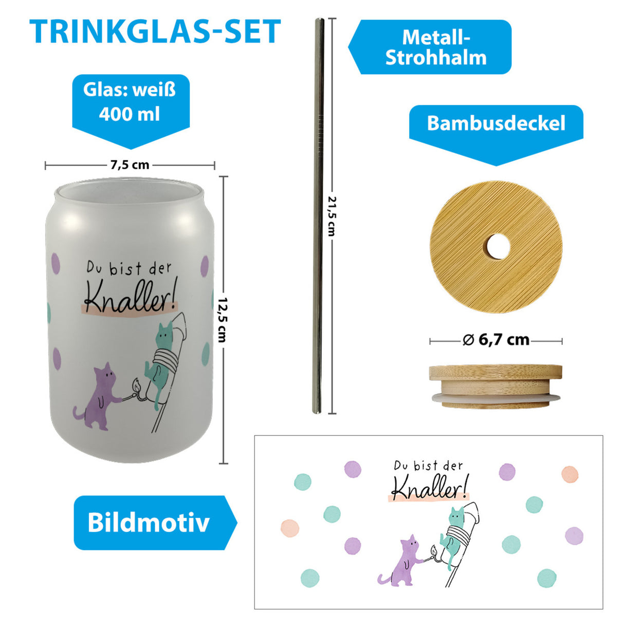 Lustige Katzen Trinkglas mit Bambusdeckel mit Spruch Du bist der Knaller