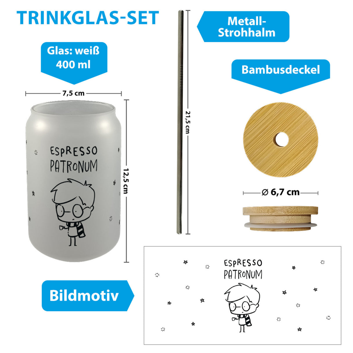 Zauberer mit Espresso Trinkglas mit Bambusdeckel mit Spruch Espresso Patronum
