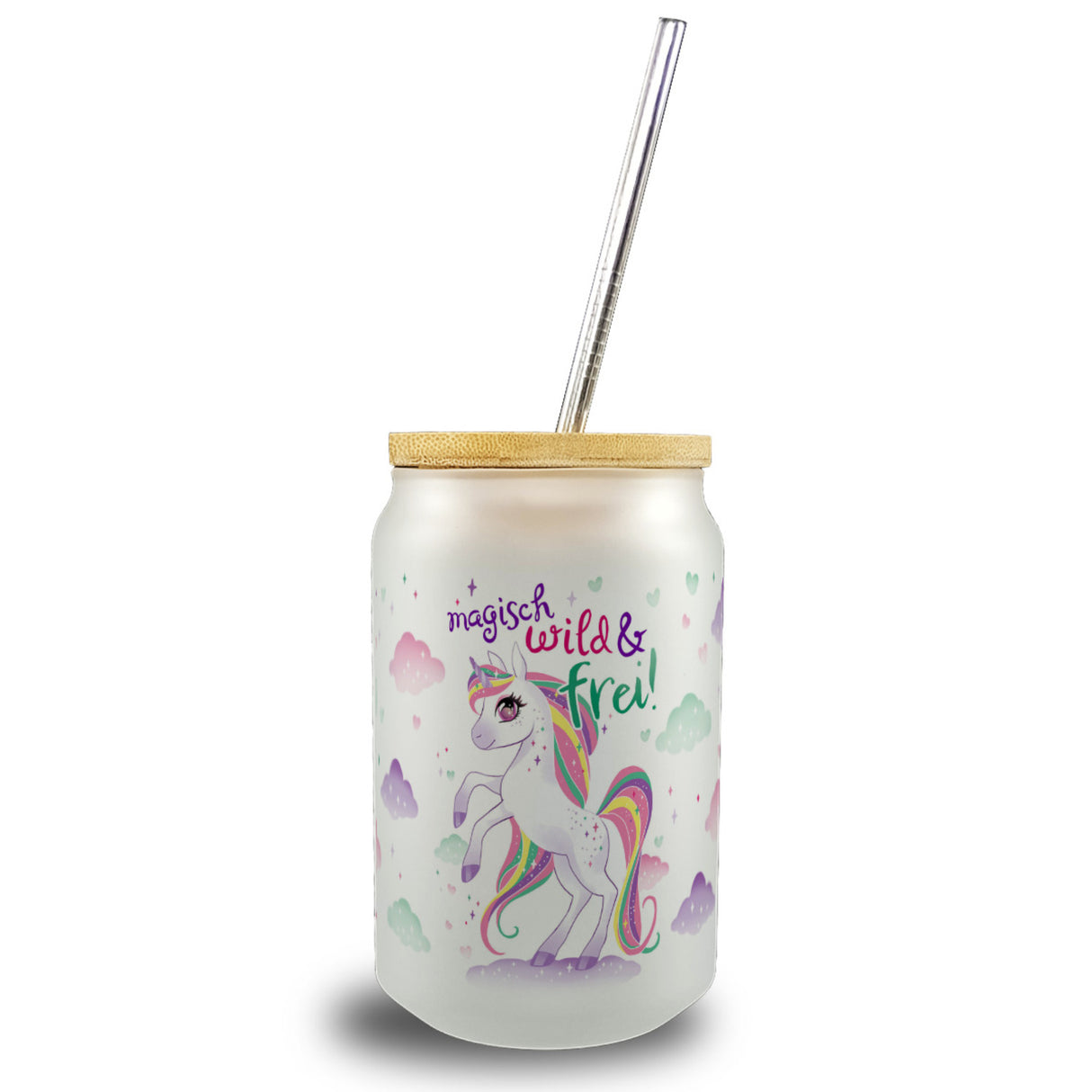 Einhorn Trinkglas mit Bambusdeckel mit Spruch Magisch wild und frei