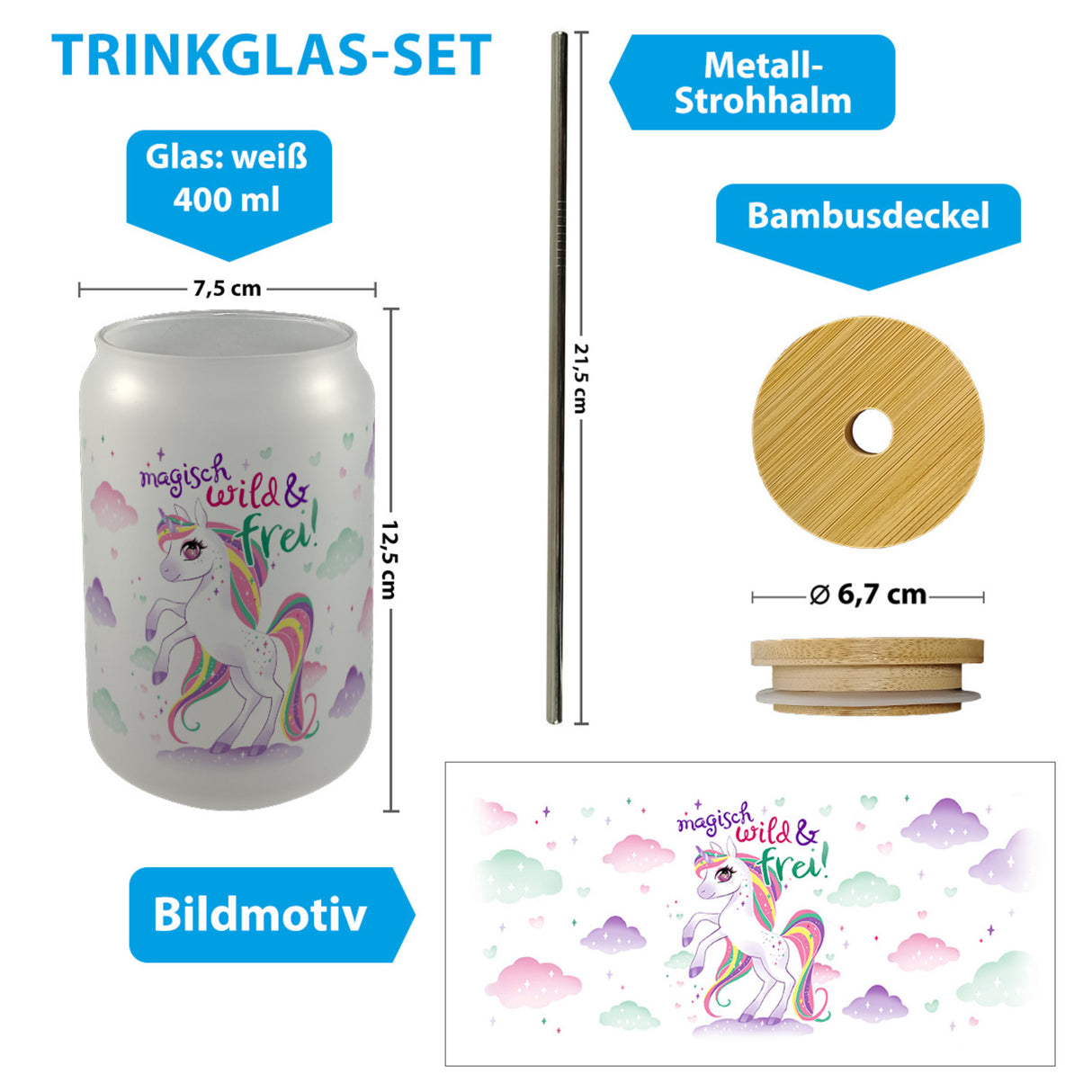 Einhorn Trinkglas mit Bambusdeckel mit Spruch Magisch wild und frei