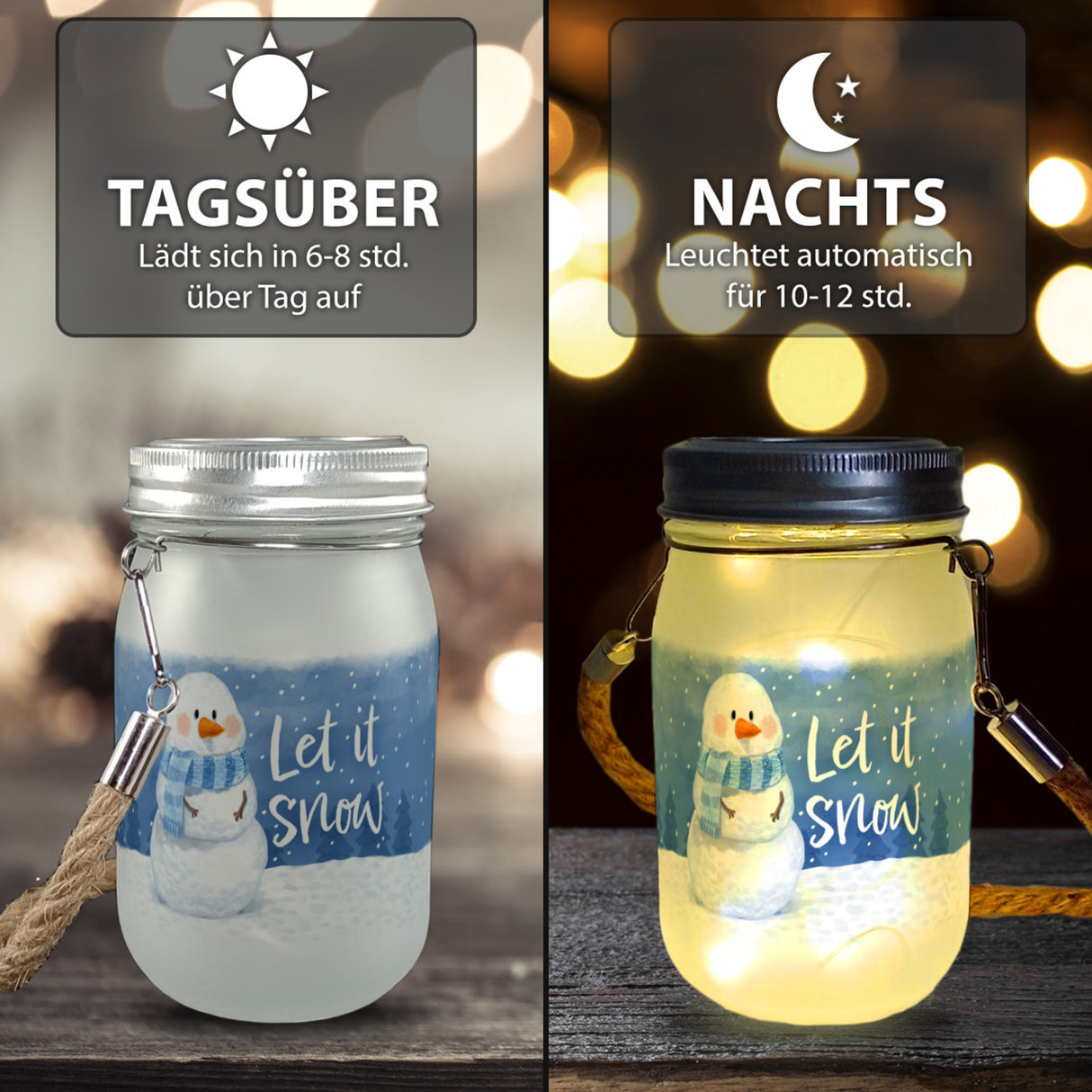 Schneemann Solarlicht mit Spruch Let it snow
