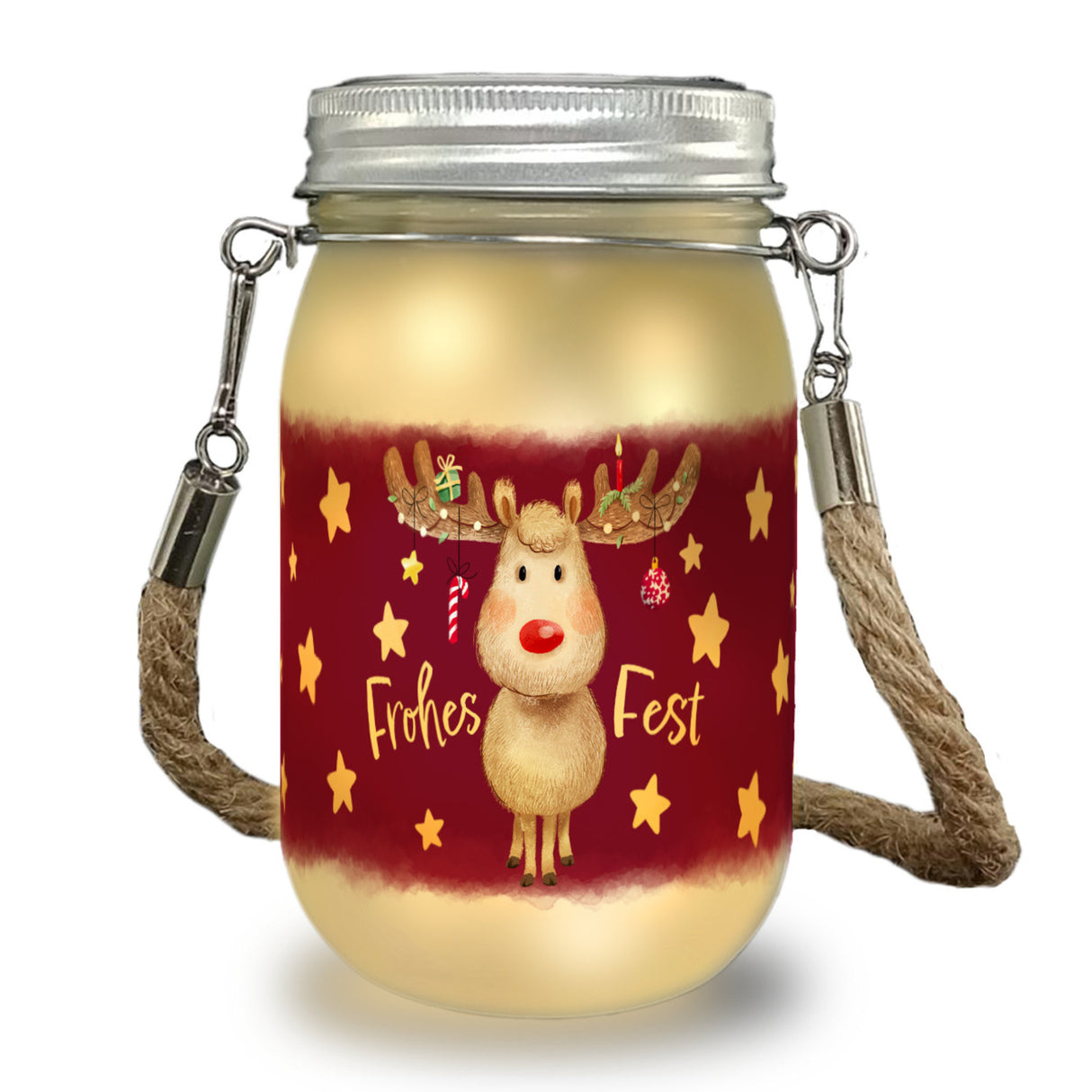 Rentier mit Weihnachtsschmuck Solarlicht und Spruch Frohes Fest