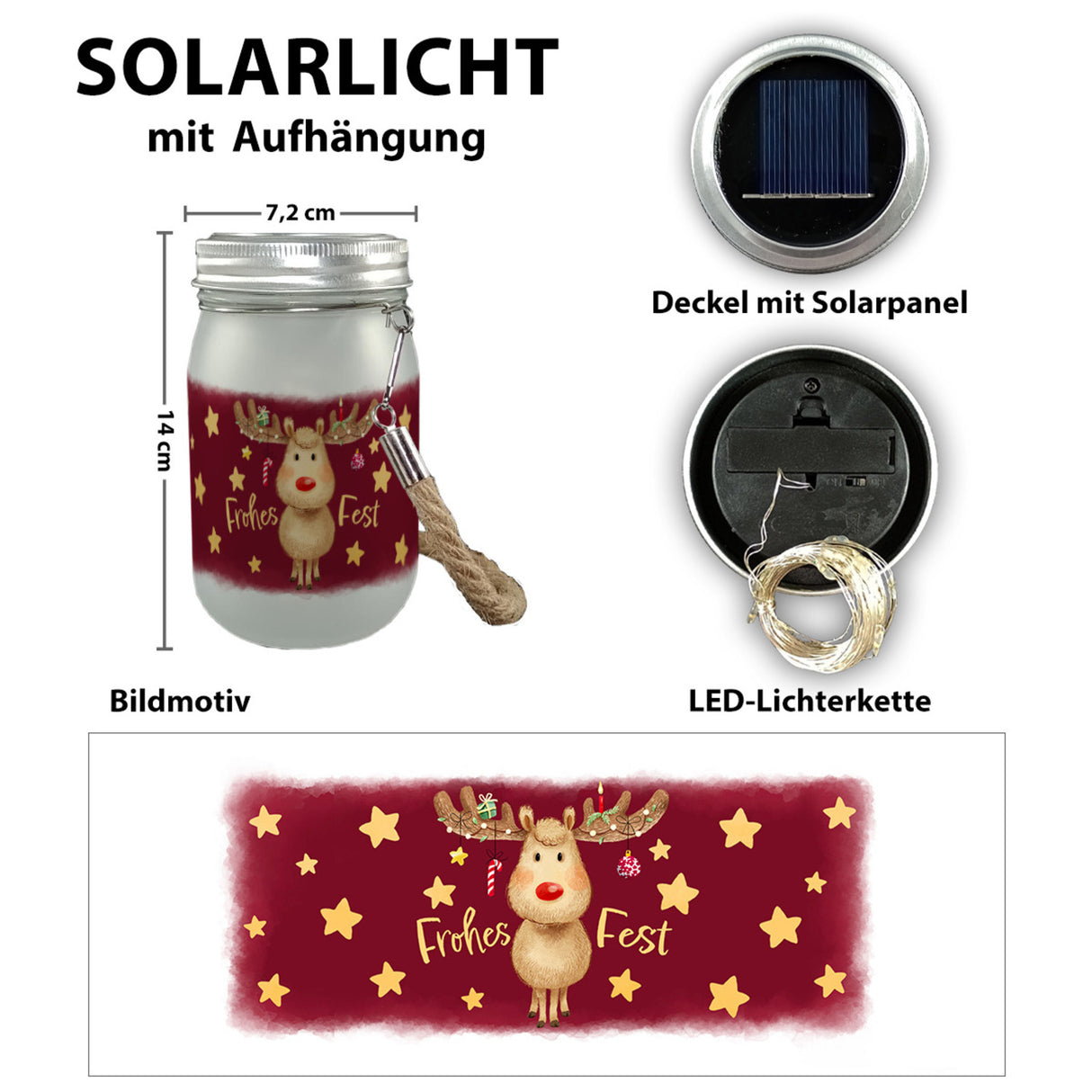 Rentier mit Weihnachtsschmuck Solarlicht und Spruch Frohes Fest