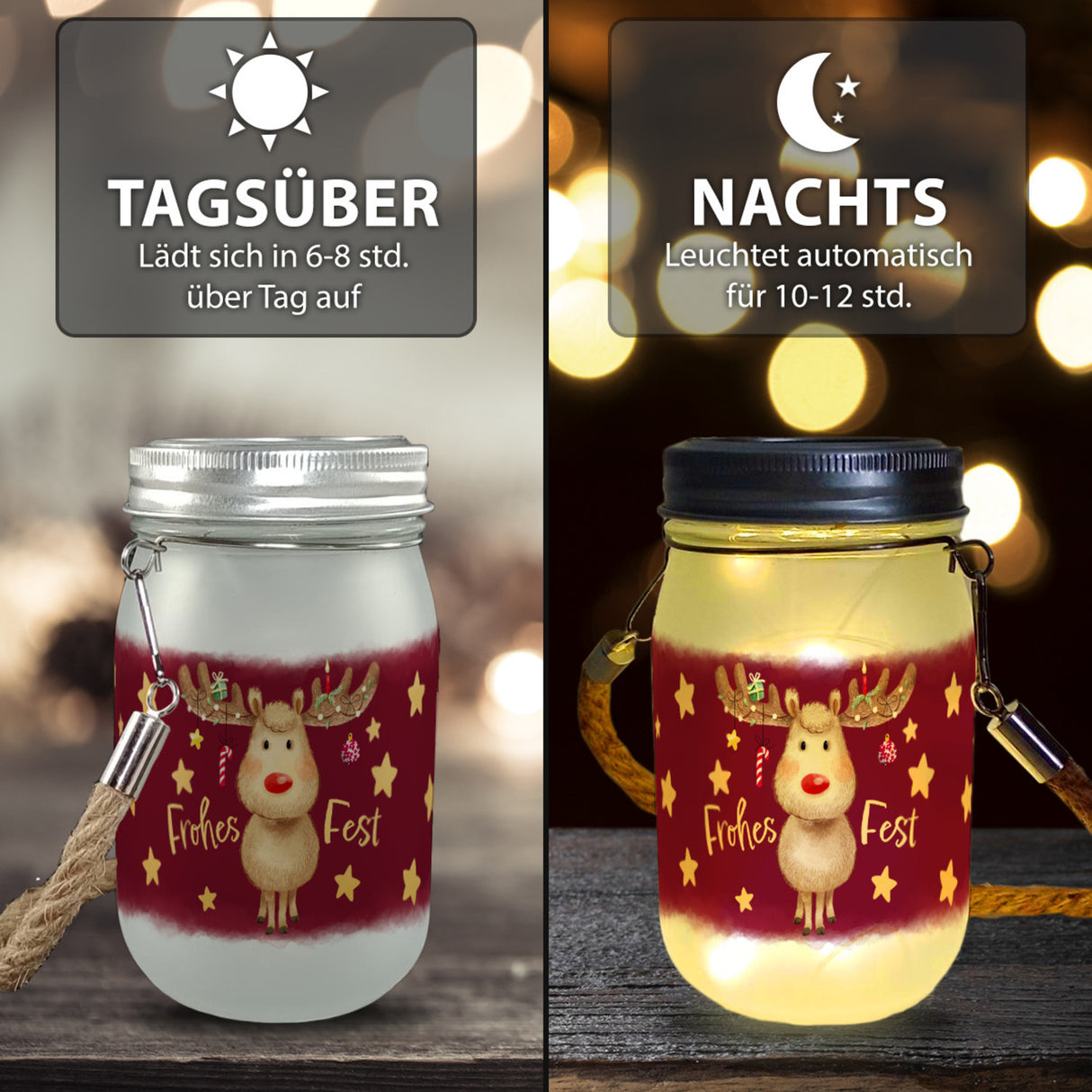 Rentier mit Weihnachtsschmuck Solarlicht und Spruch Frohes Fest