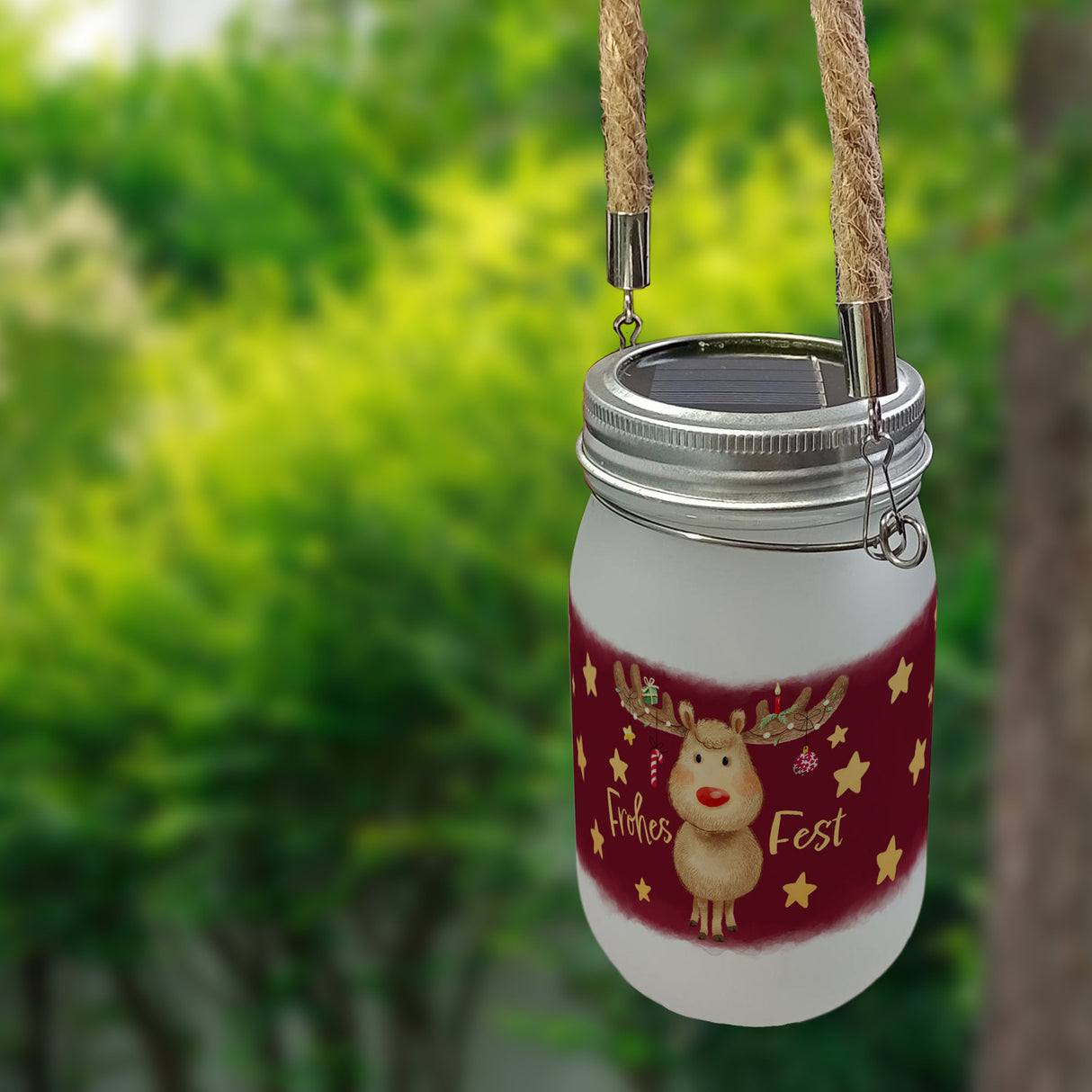 Rentier mit Weihnachtsschmuck Solarlicht und Spruch Frohes Fest