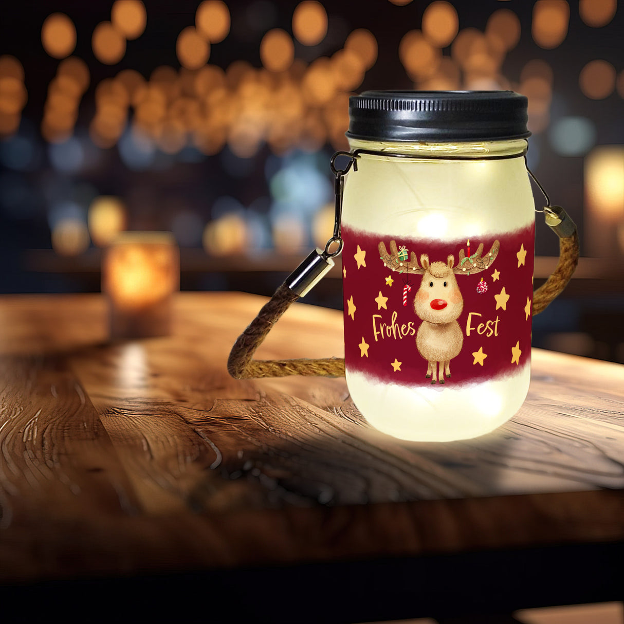 Rentier mit Weihnachtsschmuck Solarlicht und Spruch Frohes Fest