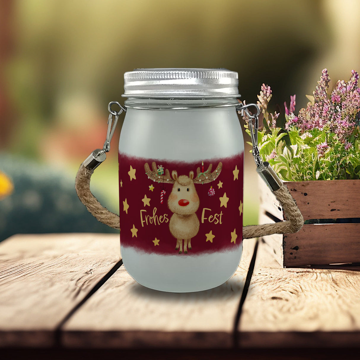 Rentier mit Weihnachtsschmuck Solarlicht und Spruch Frohes Fest