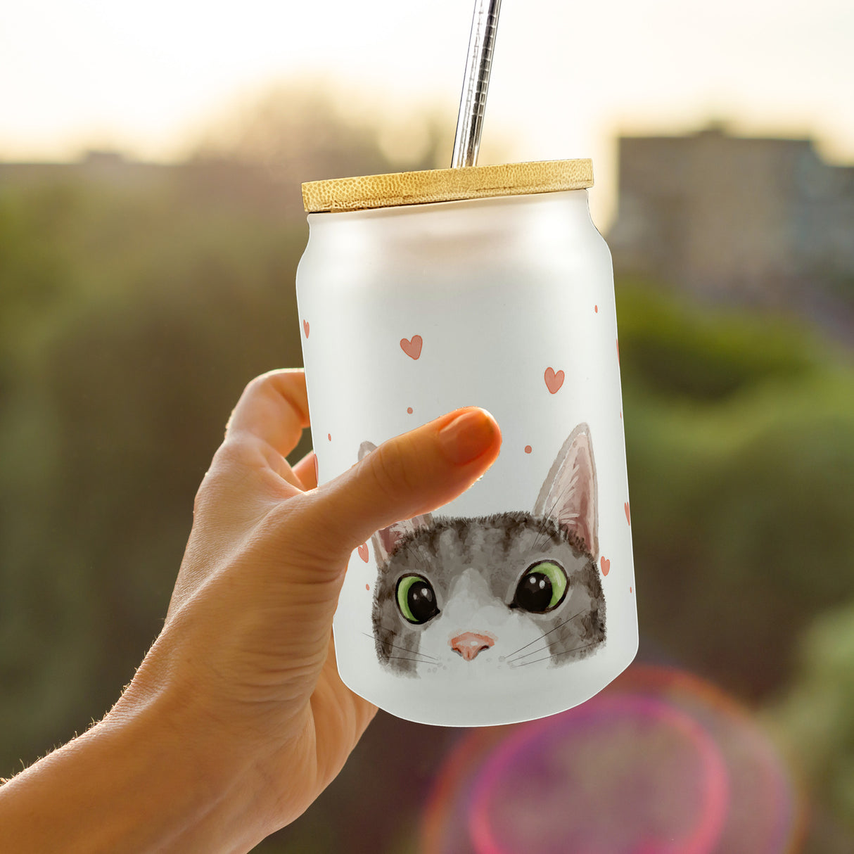 Katze Trinkglas mit Bambusdeckel im Aquarell-Stil