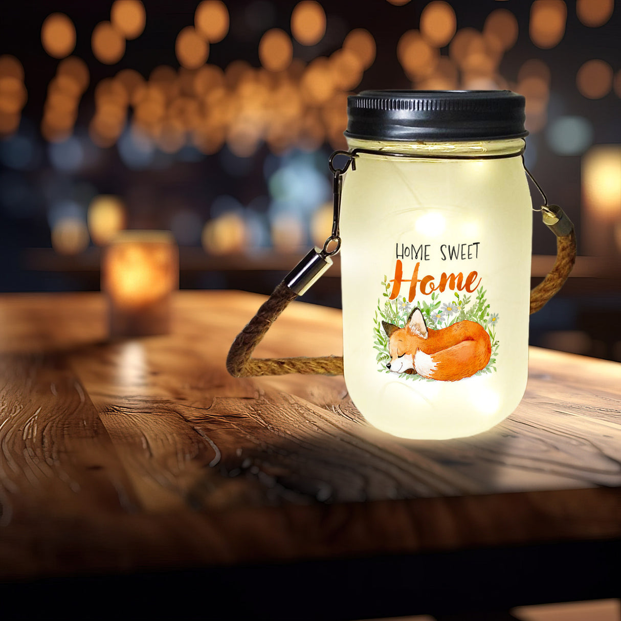 Fuchs im Aquarell-Stil Solarlicht mit Spruch Home Sweet Home