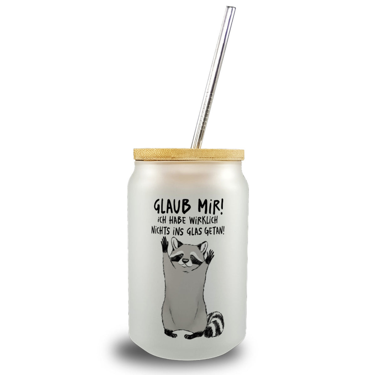 Waschbär Trinkglas mit Bambusdeckel mit Spruch Glaub mir Ich habe wirklich nichts ins Glas getan