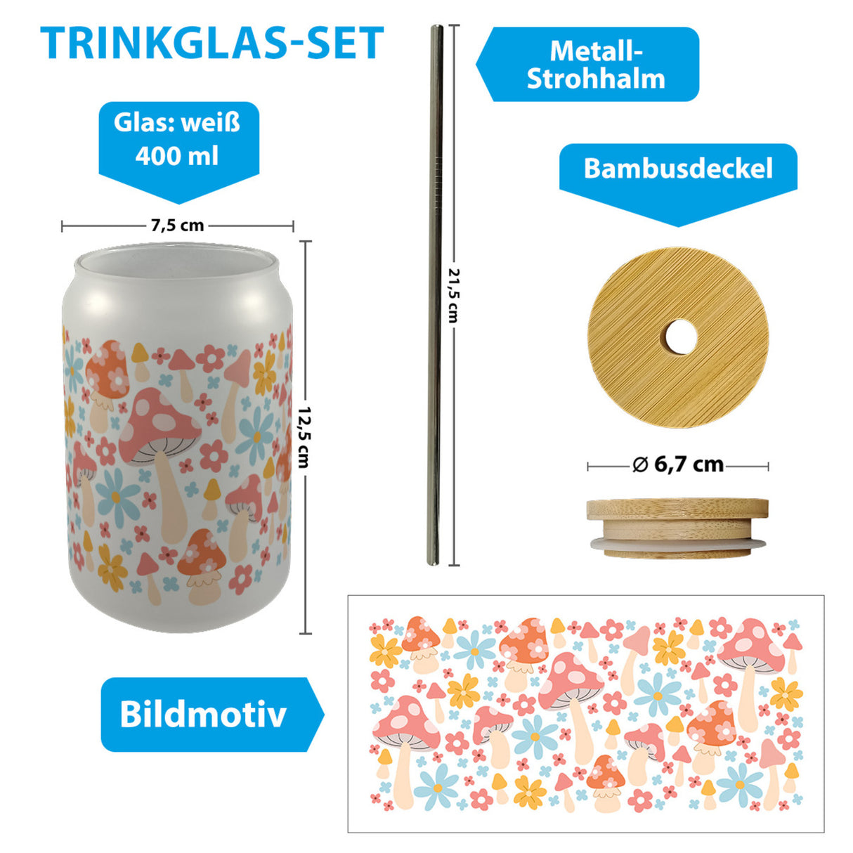 Pilz Trinkglas mit Bambusdeckel im Aquarell-Stil